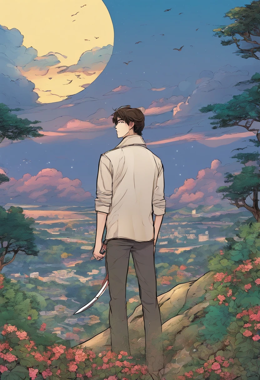 Manhwa comic,Korean comic style,Man standing in trees,grap a sword, speaking,Afternoon sky,Fantasy world