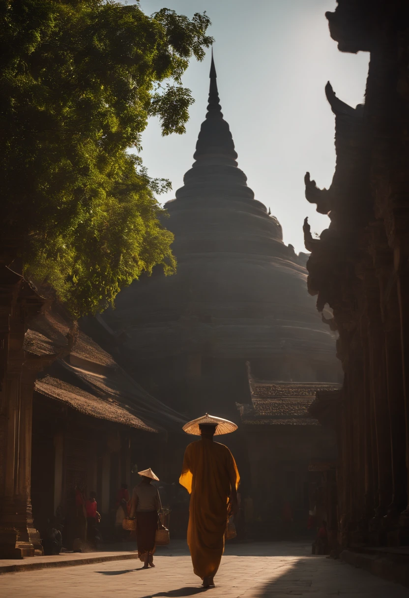 Shwedagone, myanmar, super detailed, masterpiece, best quality, ultra quality, absurd details, best light, best shadow, sharp, sharp image, detailed, extremely detailed, great resolution, 8k, 4k, uhd, volumetric, bright sprite, particle effects, (character on the street)