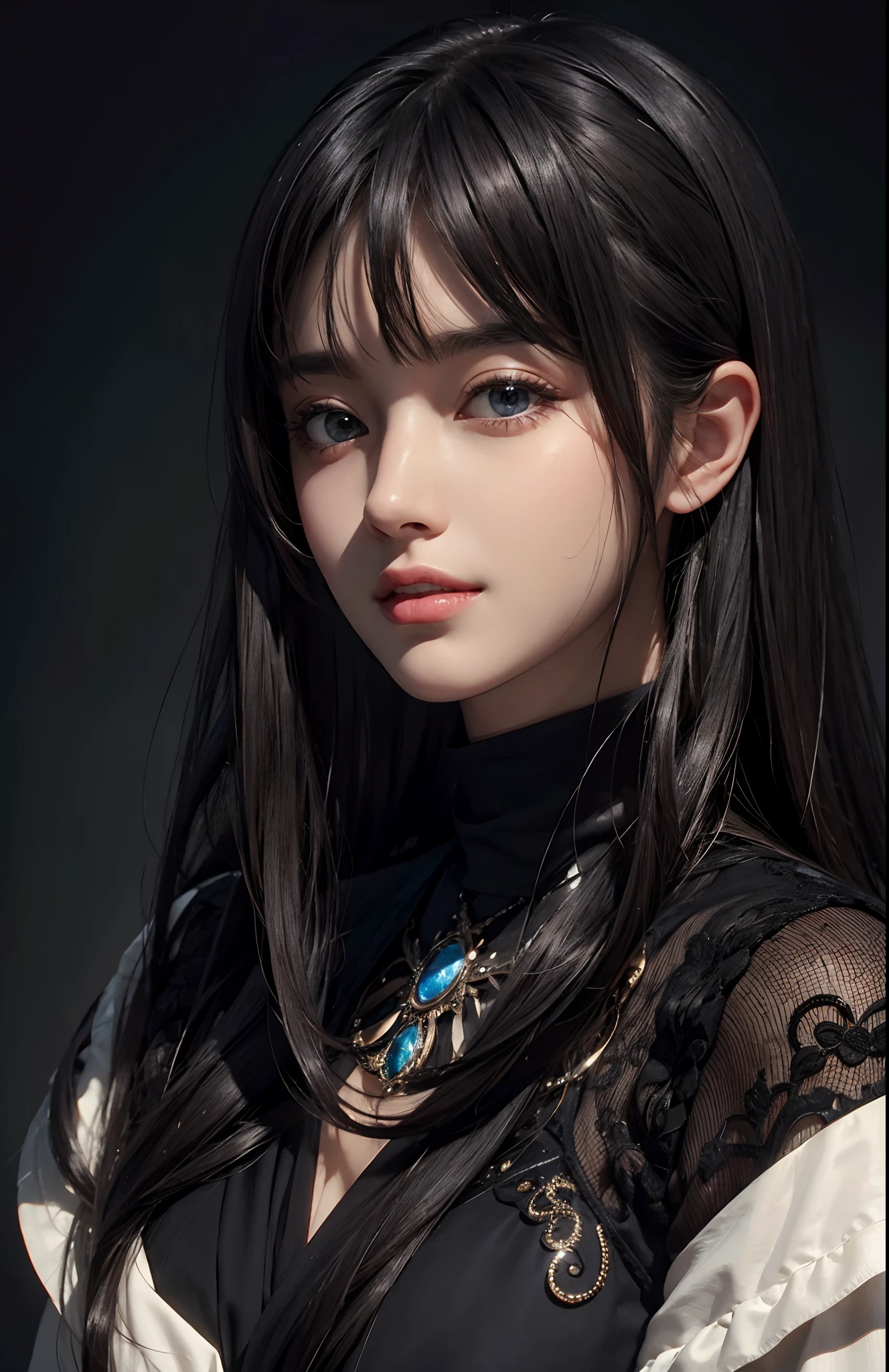 (Ultra Realistic), (Illustration), (Increased Resolution), (8K), (Extremely Detailed), (Best Illustration), (Beautiful and Detailed Eyes), (Best Quality), (Ultra Detailed), (Masterpiece ), ( wallpaper), (detailed face), solo, 1 girl, looking at viewer, fine details, detailed face, in the dark, deep shadows, low key, pureerosfaceace_v1, smiling, long hair, black shawl straight hair , 46 points oblique bangs