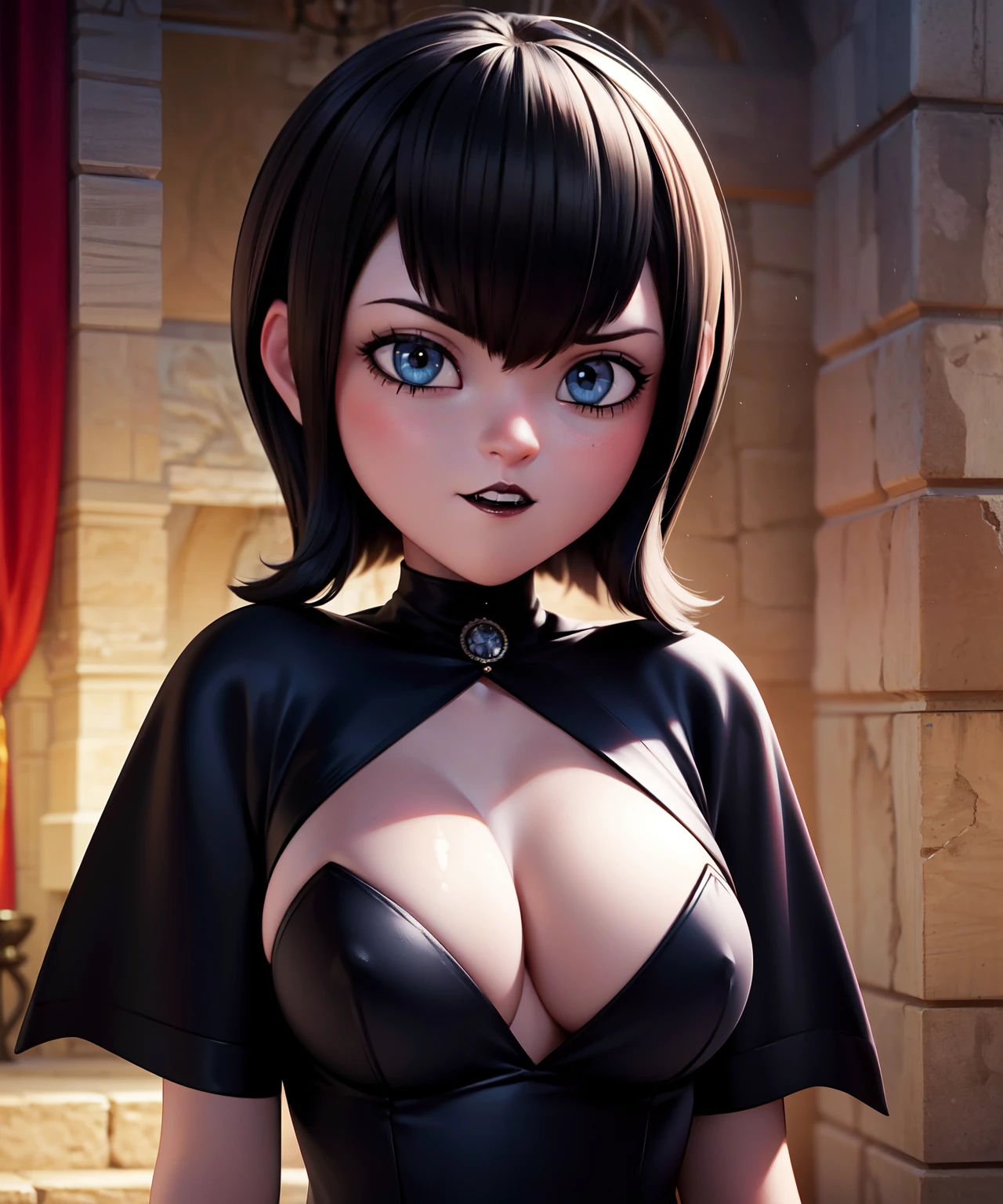 Mevis, 1girl, short hair, cabelos pretos, foco solo, olhos negros, maquiagem, batom, black lips , (Magia negra:1.2), (sinistro:1.2), Gothic vampire dressed in three-piece suit ,(detalhes intrincados), (hiperdetalhado), 8K HDR, alto detalhamento, muitos detalhes, alta qualidade, (colorido)