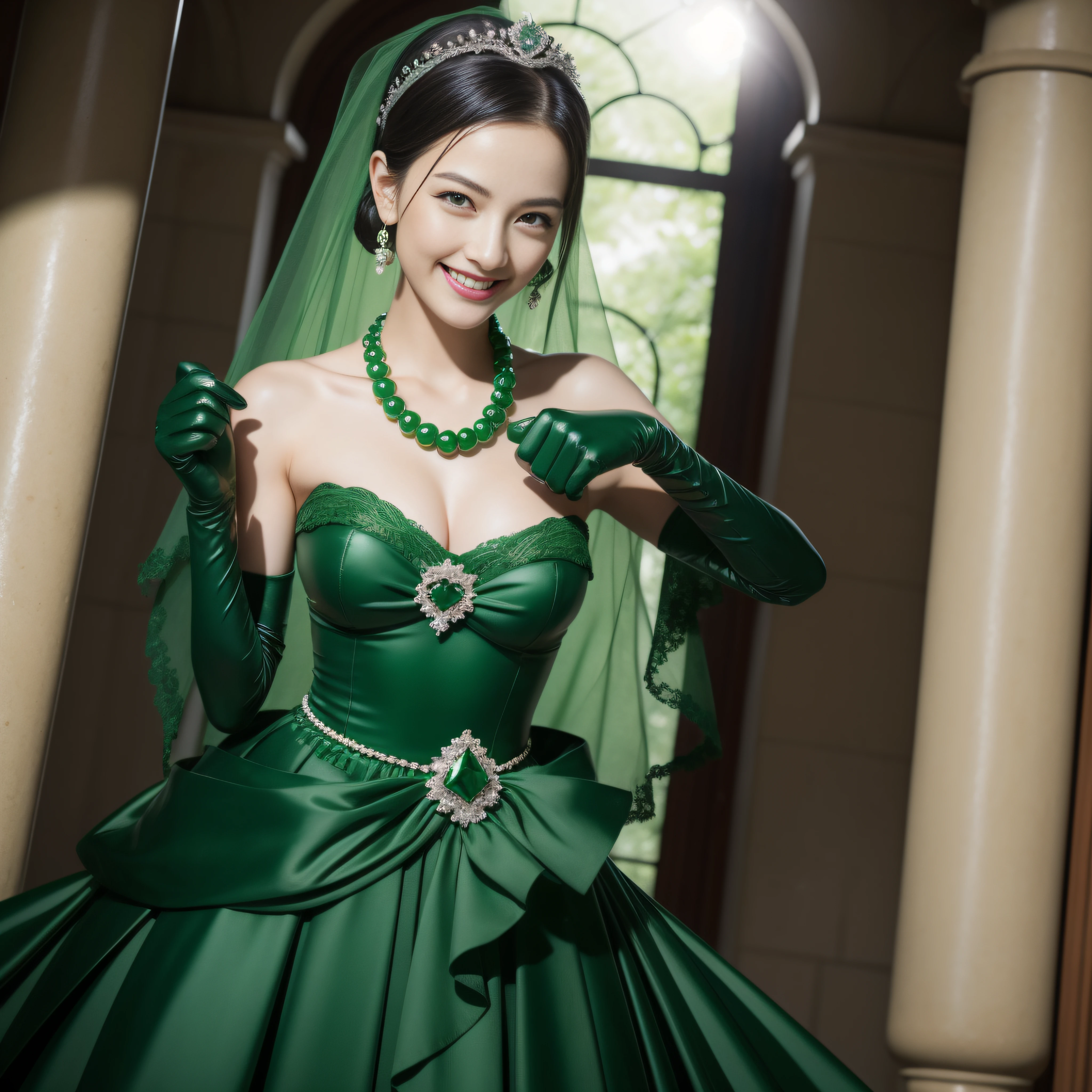 Boyish very short black hair, lipsticks, Japan woman smiling, Green Long Grove, Emerald Tia boyish very short black hair, lipsticks, Japan woman smiling, Satin green long gloves, Green Pearl Necklace, verd s eyes, Green eyes, Long green gloves made of satin material, big breasts beautiful, Green Bridal Veil, Green eyes, Emerald Earrings,emerald tiara, Green eyes