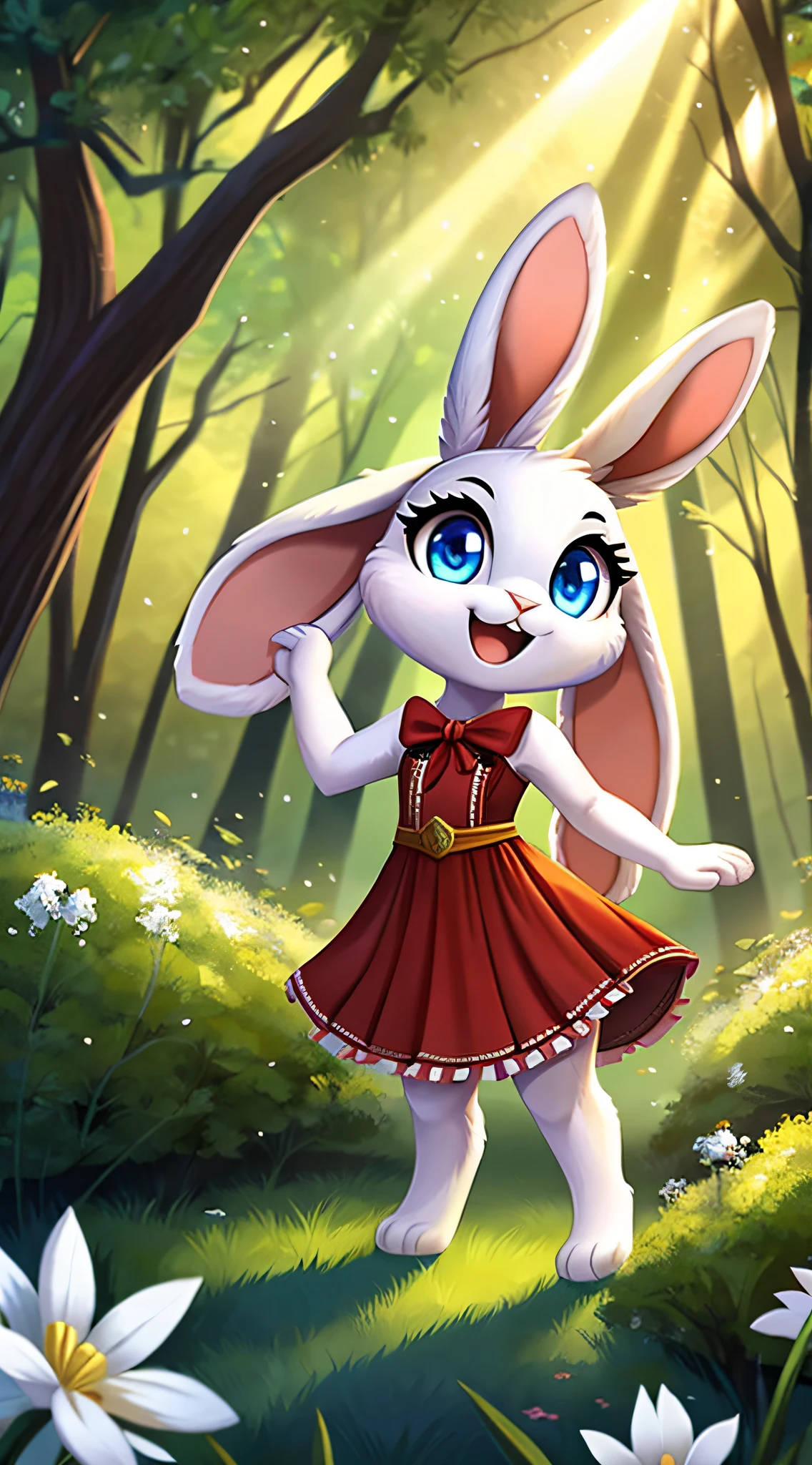 zoomed out image, fantasy style art, cute, adorable, short character, small, tiny little fluffy female white bunny with blue eyes, 4 ears, 2 extra ears, big floppy ears, long ears, ears perked up, raised ears, long eyelashes, poofy rabbit tail, wearing a red frilly ribbon dress, smiling, standing in a forest, big expressive smile, open mouth, wide eyes, excited eyes, excited face, stunning visuals, sunlight coming through the trees, white flowers scattered in the bushes, digital illustration