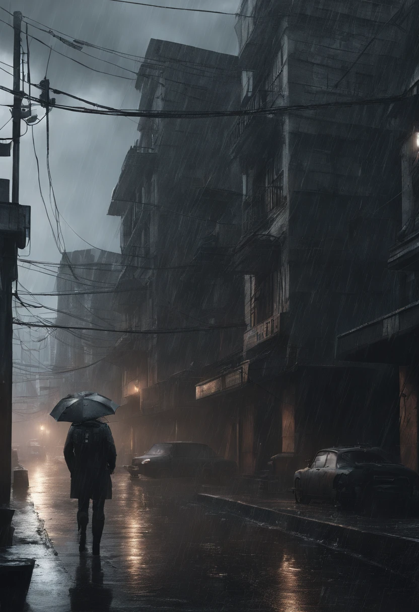noite sombria，Heavy rains fell。completamente realista,  Full high resolution, bem feito，rico em detalhes