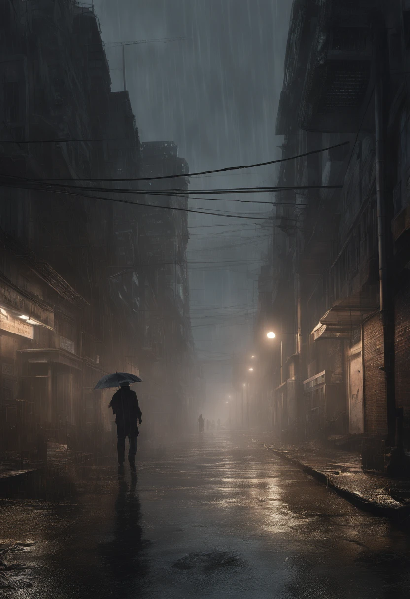 noite sombria，Heavy rains fell。completamente realista,  Full high resolution, bem feito，rico em detalhes