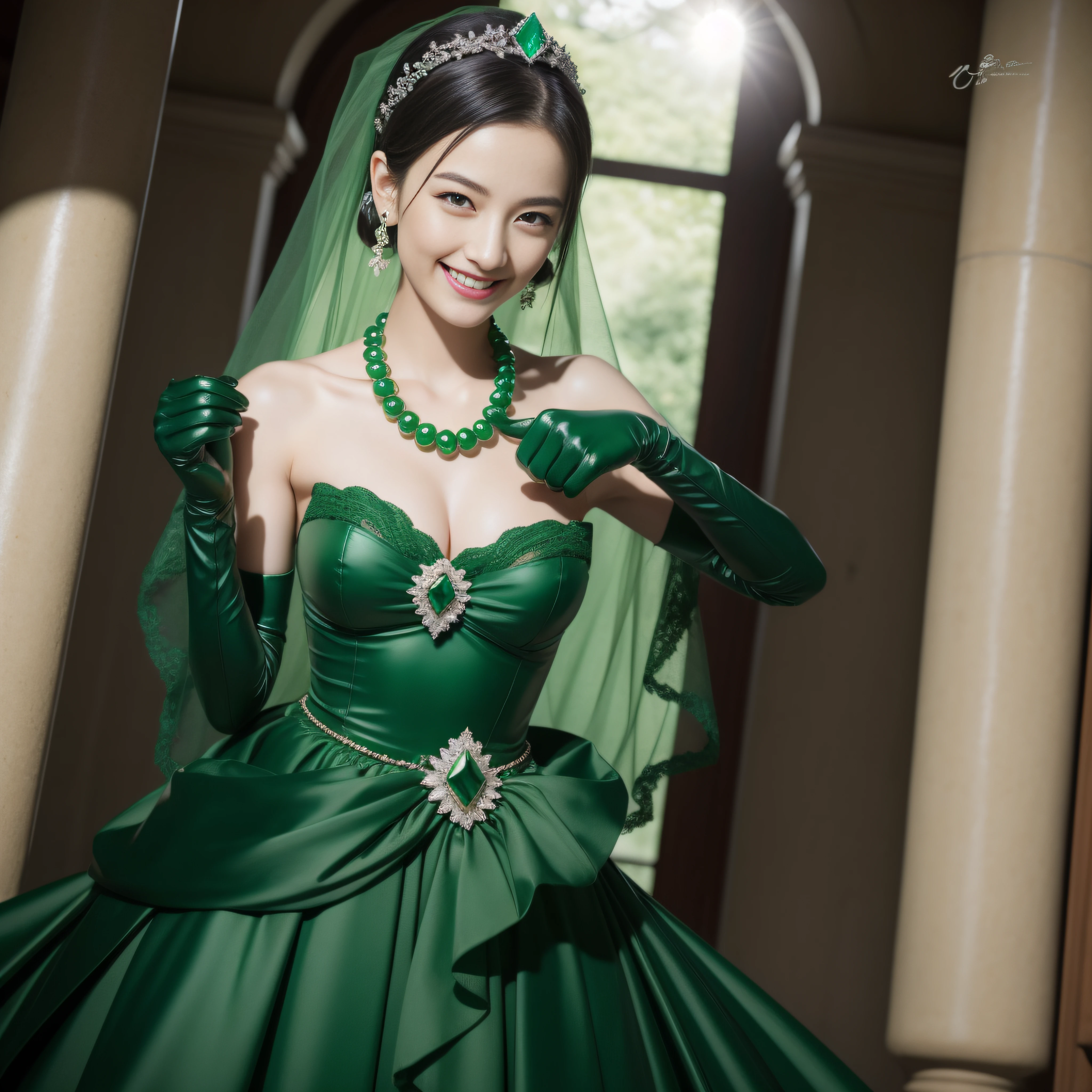 Boyish very short black hair, lipsticks, Japan woman smiling, Green Long Grove, Emerald Tia boyish very short black hair, lipsticks, Japan woman smiling, Satin green long gloves, Green Pearl Necklace, verd s eyes, Green eyes, Long green gloves made of satin material, big breasts beautiful, Green Bridal Veil, Green eyes, Emerald Earrings,emerald tiara, Green eyes