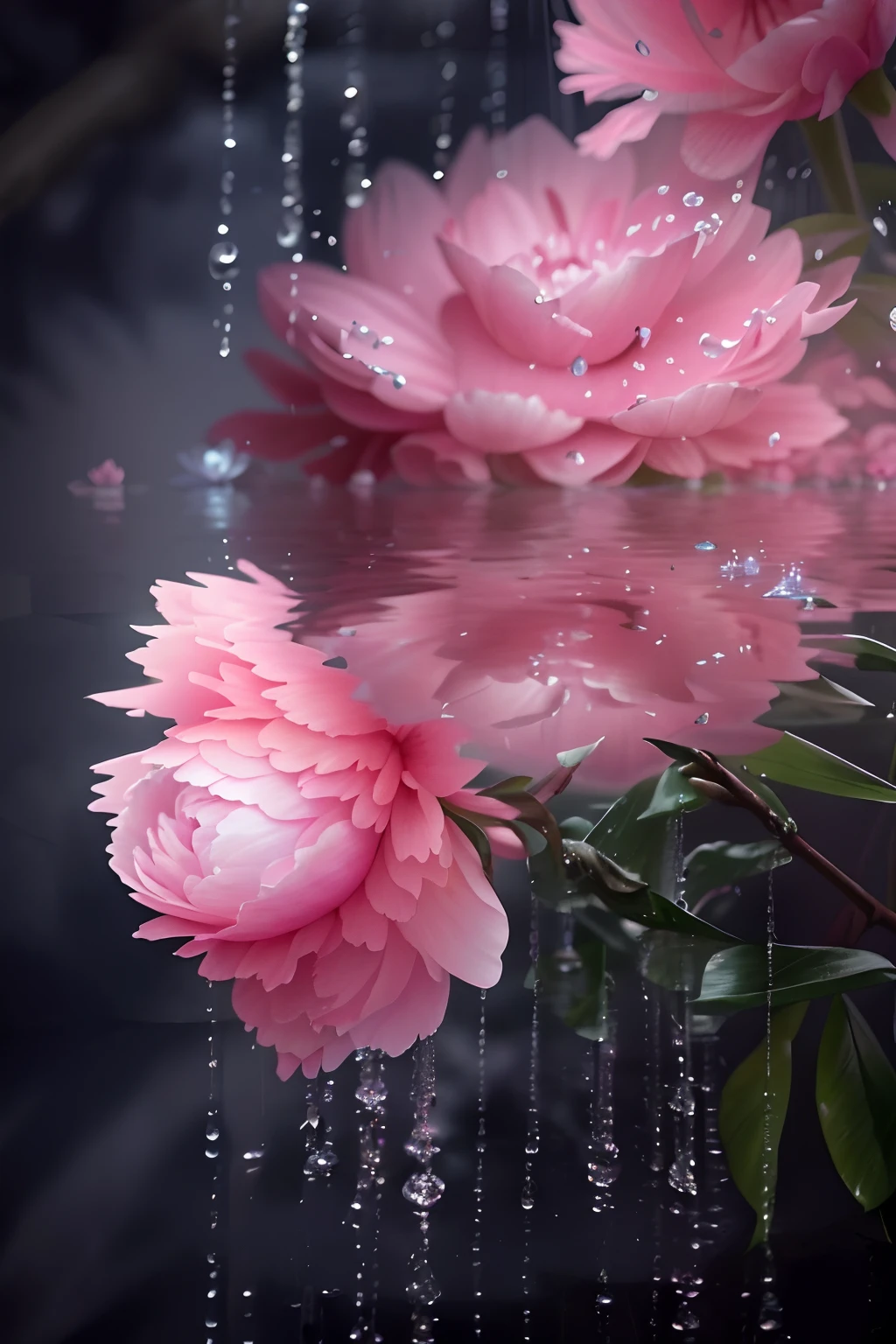 There are three pink flowers in the water, Pink reflections, Peony flower, flowers rain everywhere, beautiful flowers and crystals, reflecting flower, flowers exploding and spraying, Peonies, Peony flower, pink petals fly, pink flower, pink waterfalls, Drizzle, Rained, very beautiful photograph of, Peonies, heavy rain poured, beautiful flowers, Pink petals