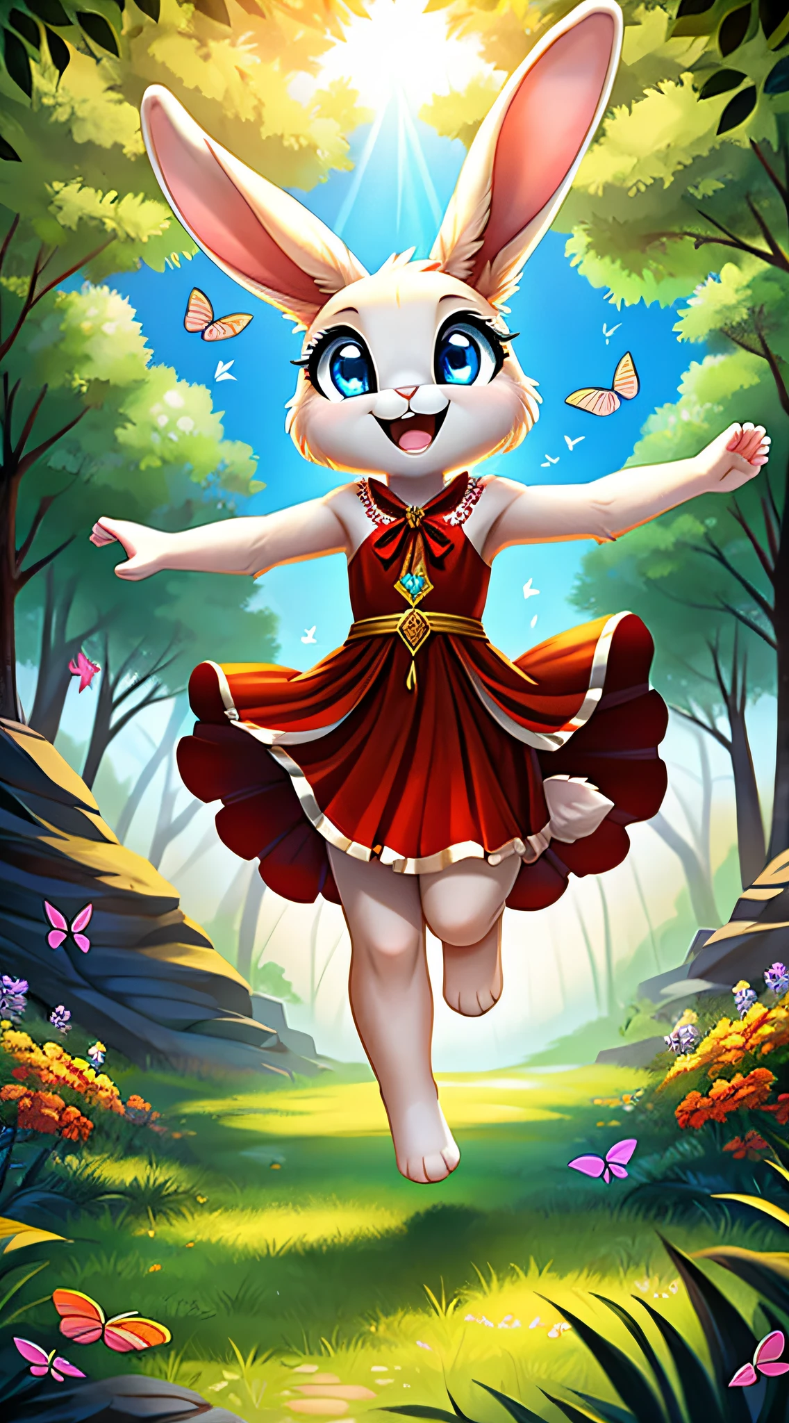 zoomed out image, fantasy style art, cute, adorable, short, tiny, little fluffy female white bunny with blue eyes, 4 ears on her head, 2 extra ears, 4 ears, big floppy ears, long ears, ears perked up, raised ears, long eyelashes, poofy rabbit tail, smiling, standing in a forest, wearing a red frilly dress, big expressive smile, open mouth, wide eyes, excited eyes, excited face, stunning visuals, sunlight coming through the trees, colorful flowers scattered in the bushes, colorful butterflies flying around, digital illustration