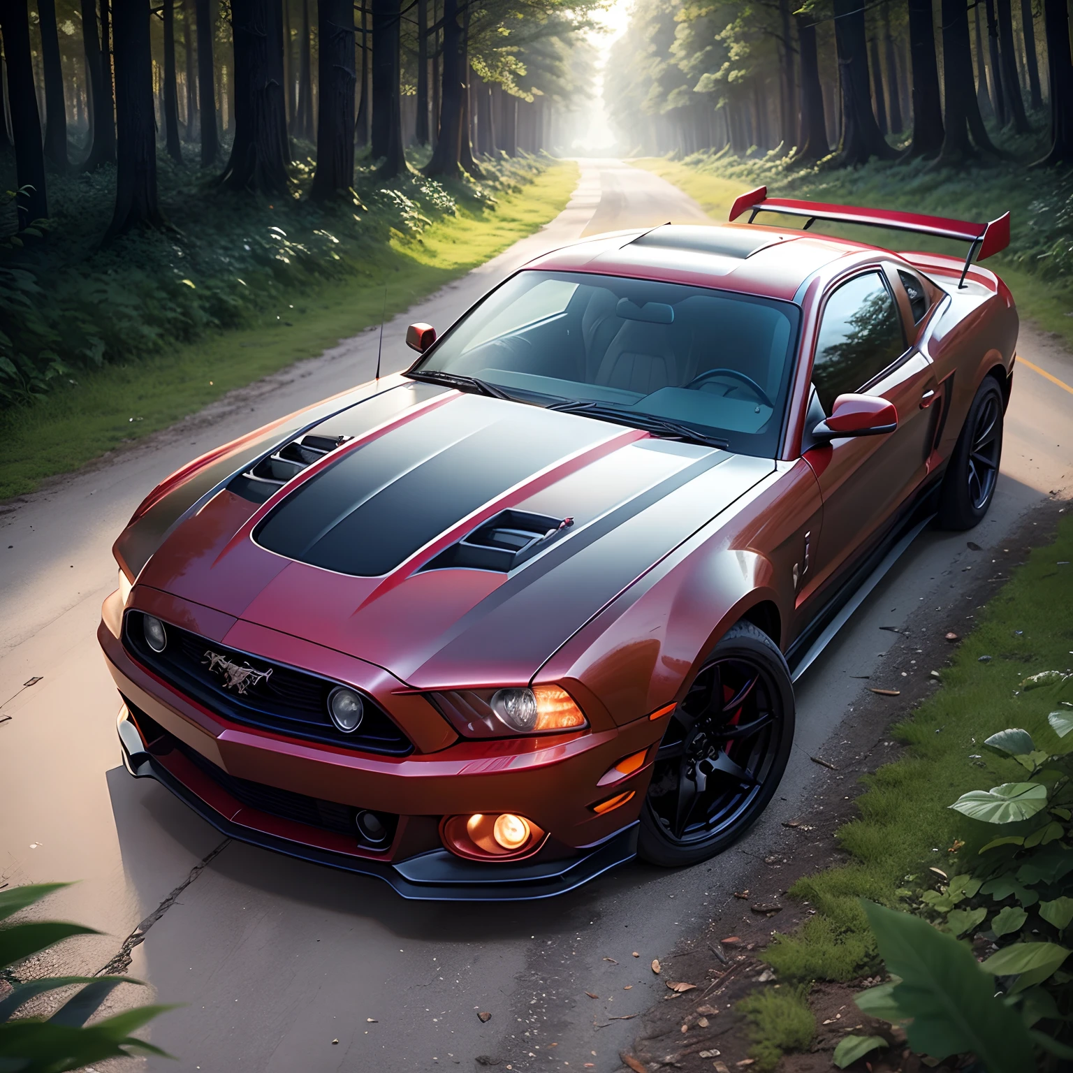 Spiderman on mustang car in a dark forest.