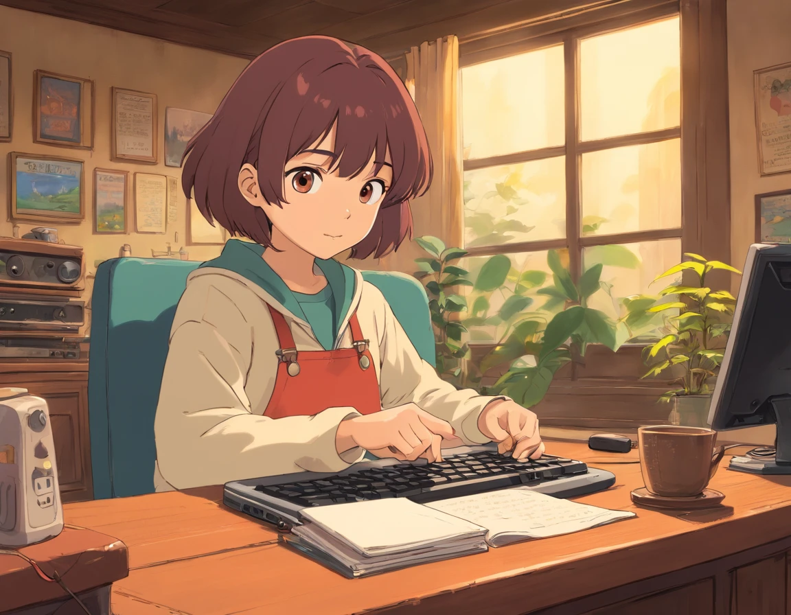 personagem de anime sentado em uma mesa com fones de ouvido e um laptop, menino lofi, Elogio Artstyle, Arte Lofi, em estilo de Studio Ghibli, lofi girl aesthetic, Hip Hop Lofi, inspirado em Studio Ghibli, Lofi Sensation, captura de tela do filme anime, estilo de Studio Ghibli Captura de tela do filme de anime, cores lofi