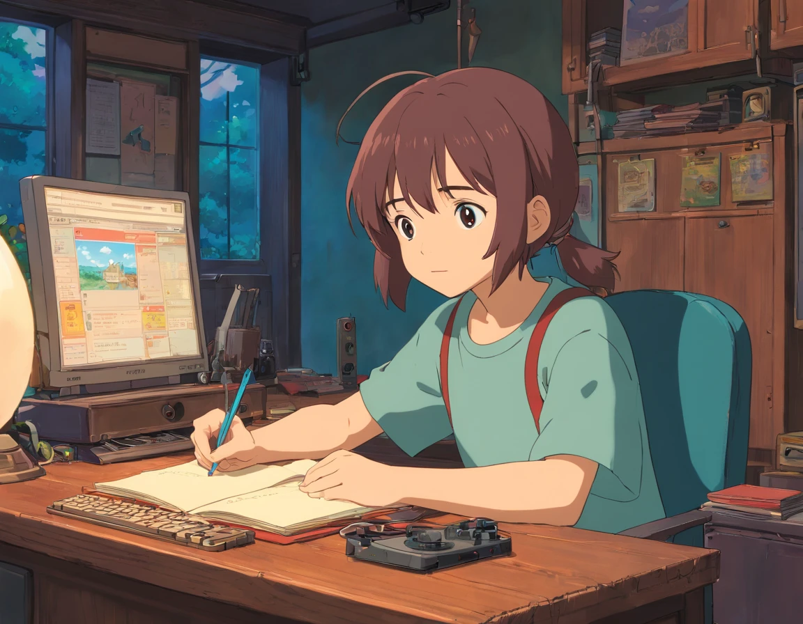 personagem de anime sentado em uma mesa com fones de ouvido e um laptop, lofi, Elogio Artstyle, Arte Lofi, em estilo de Studio Ghibli, lofi girl aesthetic, Hip Hop Lofi, inspirado em Studio Ghibli, Lofi Sensation, captura de tela do filme anime, estilo de Studio Ghibli Captura de tela do filme de anime, cores lofi
