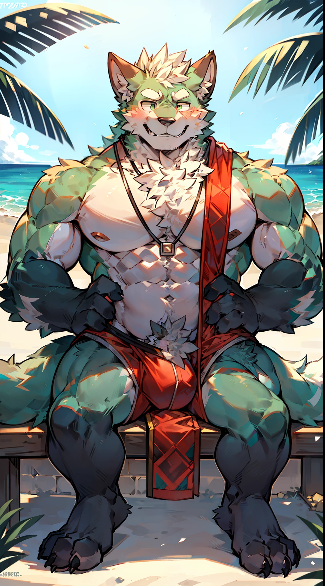 Mature male,werecreature,anthropomorphic wolf,Green body hair,lifeguard,Briefs,sitting in beach,and the sun was shining brightly,Holding a life buoy,Well-developed muscles,vast pecs,broad shoulder,Thick-breasted,Huge crotch bulge,,Bare upper body,Unobstructed thigh toes,Indecent expressions,High- sharpness,High picture quality,Complicated details,the complex background,tmasterpiece,full bodyesbian,in a panoramic view,facing to audience