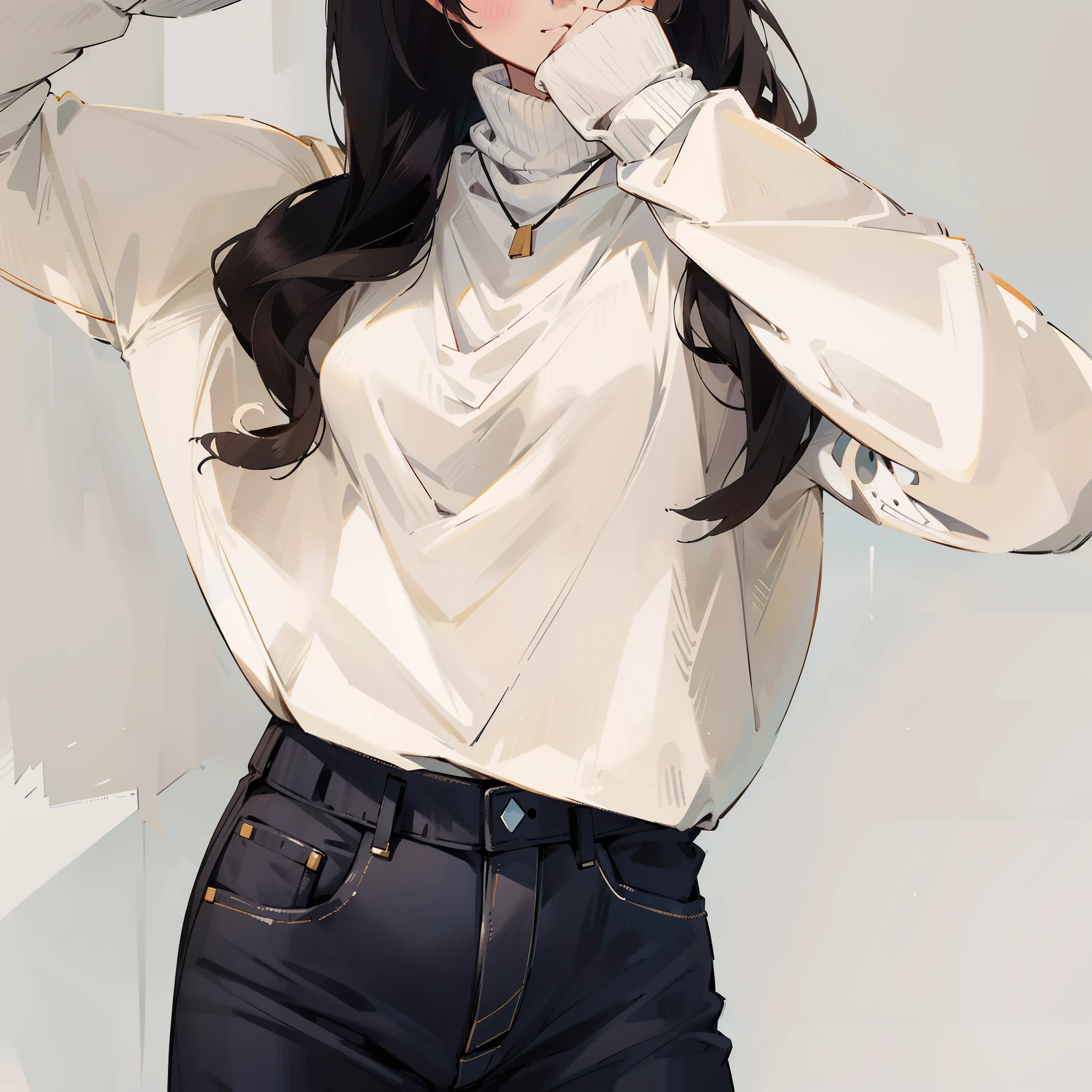 a woman wearing a white turtle neck sweater and black jeans, ( ivory black ), in white turtleneck shirt, h 7 0 4, h 576, sweater, h 7 6 8, h 768, 4 k ], 4k], simple clothes, casual clothes, thick collar, winter, 8 k ), wide neck, wearing a sweater, very simple
