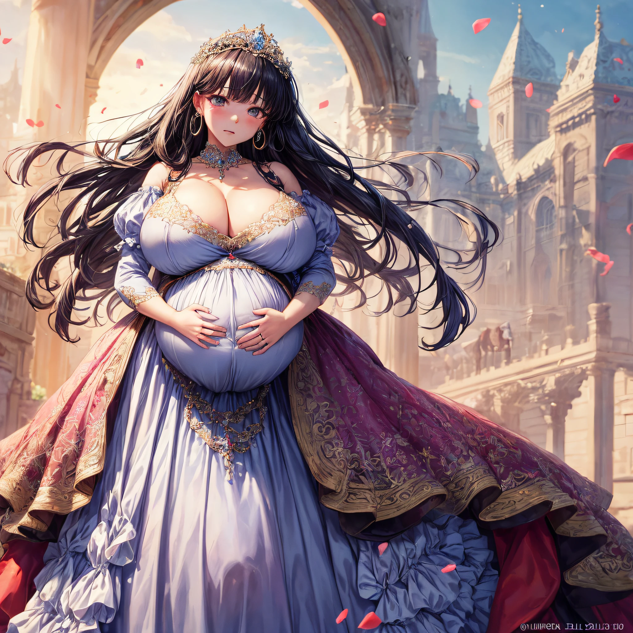 (masterpiece, best quality,extremely detailed:1.1),(moe anime art style:1.2),1girl,((full body,focus face)),((solo)), cute, kawaii,digital art,((1 bling-bling pregnant princess wearing beautiful embroidery and jeweled gorgeous ballgown with jeweled voluminous full length hoop skirt)),(((heavily pregnant))),very big pregnant belly,((crinoline)),long train,voluminous frills,See-through,(gorgeous embroidery and beautiful lace),((very gigantic boobs,skindentation)),cleavage,shiny hair,(((very long hair))),((embarrassed)),anguish,((finely detailed face and eyes)),clear pupil,extremely gorgeousfull hair ornament,(bling-bling jeweled extremely gorgeousfull tiara),(bling-bling gorgeous gemstone jewelry),long veil,beautiful background,fantasy background,flowers,flower petals flowing,full body,((beautiful embroidery and jeweled ruffled gorgeous ballgown with voluminous full length hoop skirt))