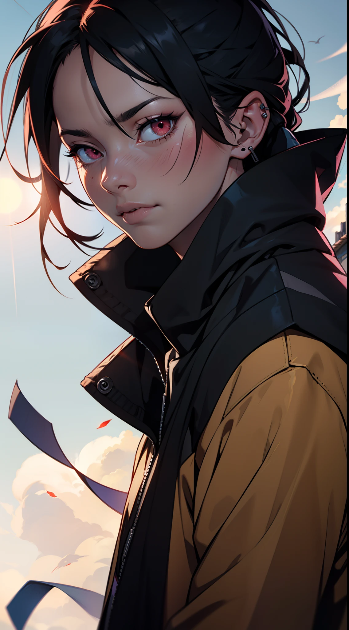 Uchiha itachi wearing a Akatsuki coat, see at the sky, sunshine, mangekyo sharingan beautiful portrait, AMD FidelityFX Super resolution 3, octane rendered, Unreal engine 5 effects, extremely detailed portrait, close-up portrait