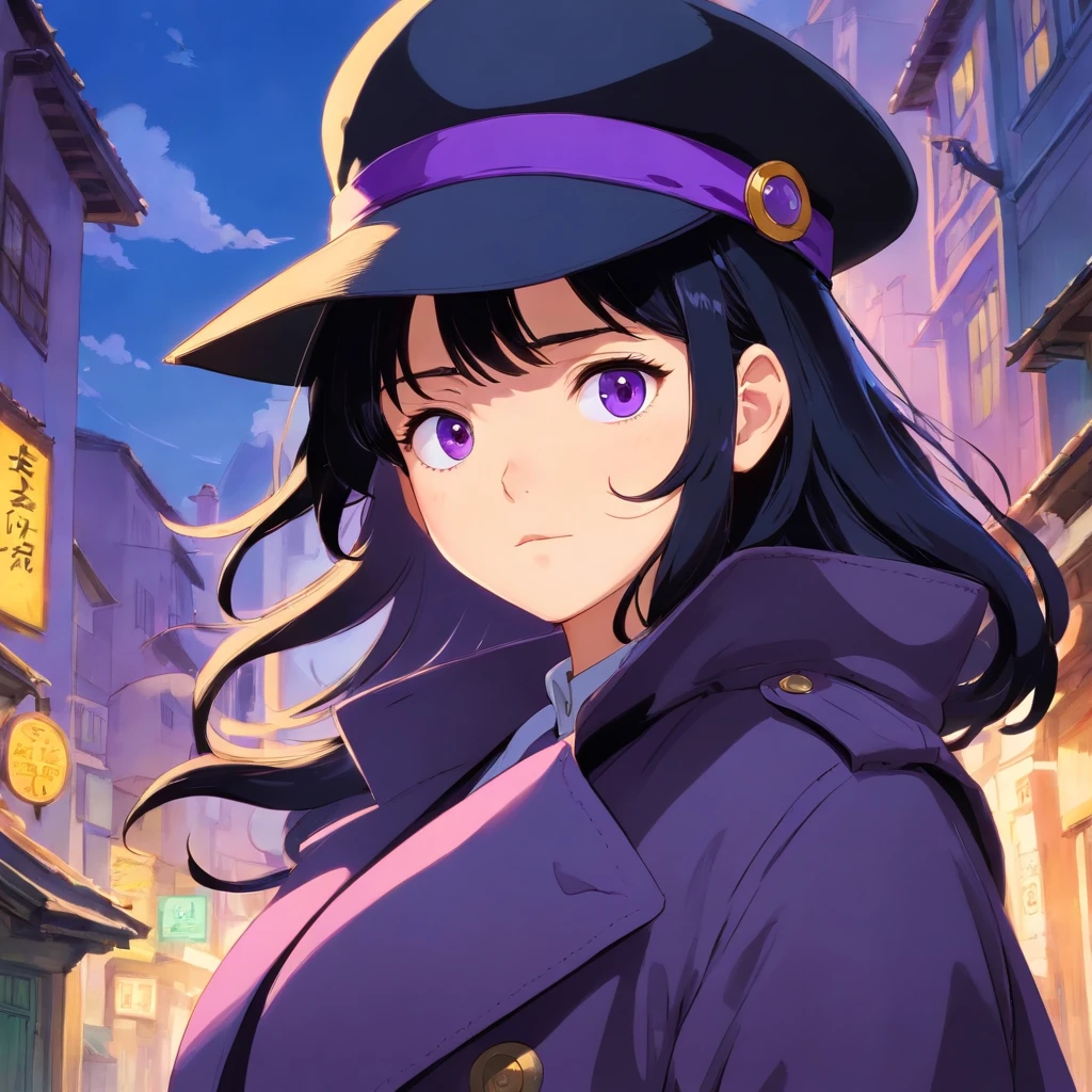 1girl, solo, black hair, purple eyes, wearing a fedora, wearing black trench coat