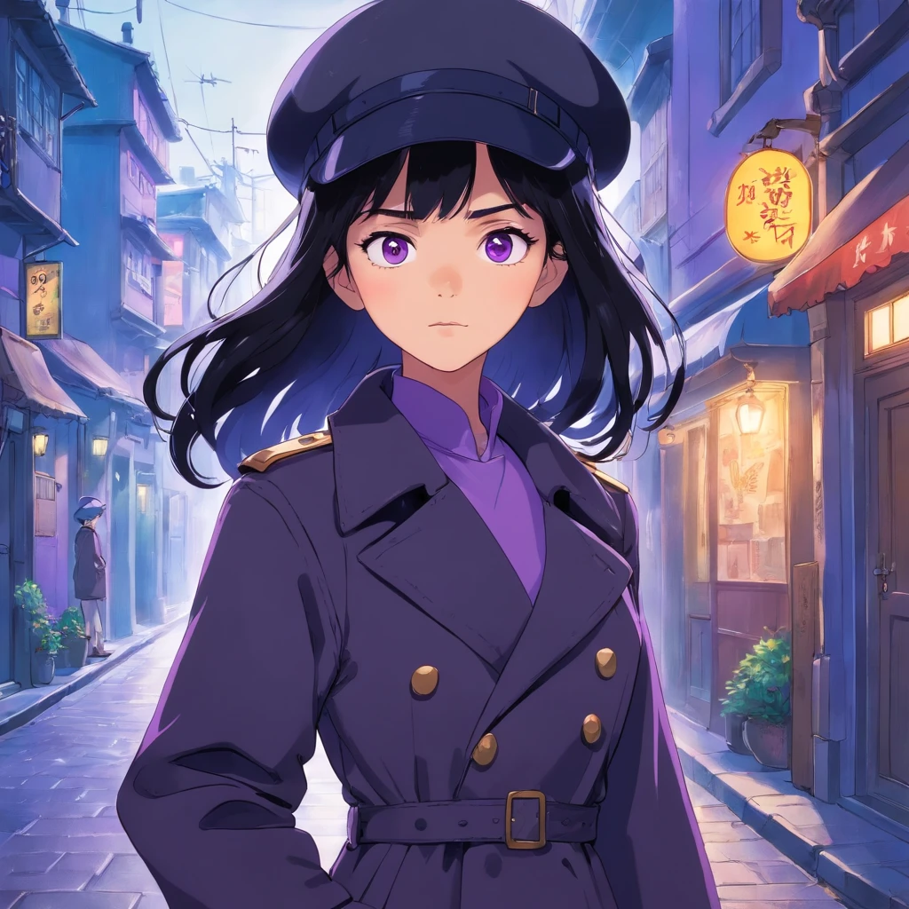 1girl, solo, black hair, purple eyes, wearing a fedora, wearing black trench coat