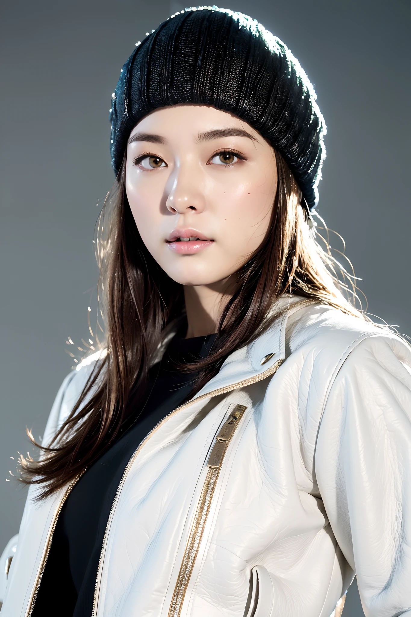 (
(8k:1.27), best quality, masterpiece, ultra highres:1.2) Photo of Pretty Japanese woman
(beautiful:1.1) (sci-fi warrior woman:1.1) space soldier, (beanie:1.61) (leather jacket:1.21) intricate elegant, fantasy, detailed, ometric by greg rutkowski and alphonse mucha, gradient lighting