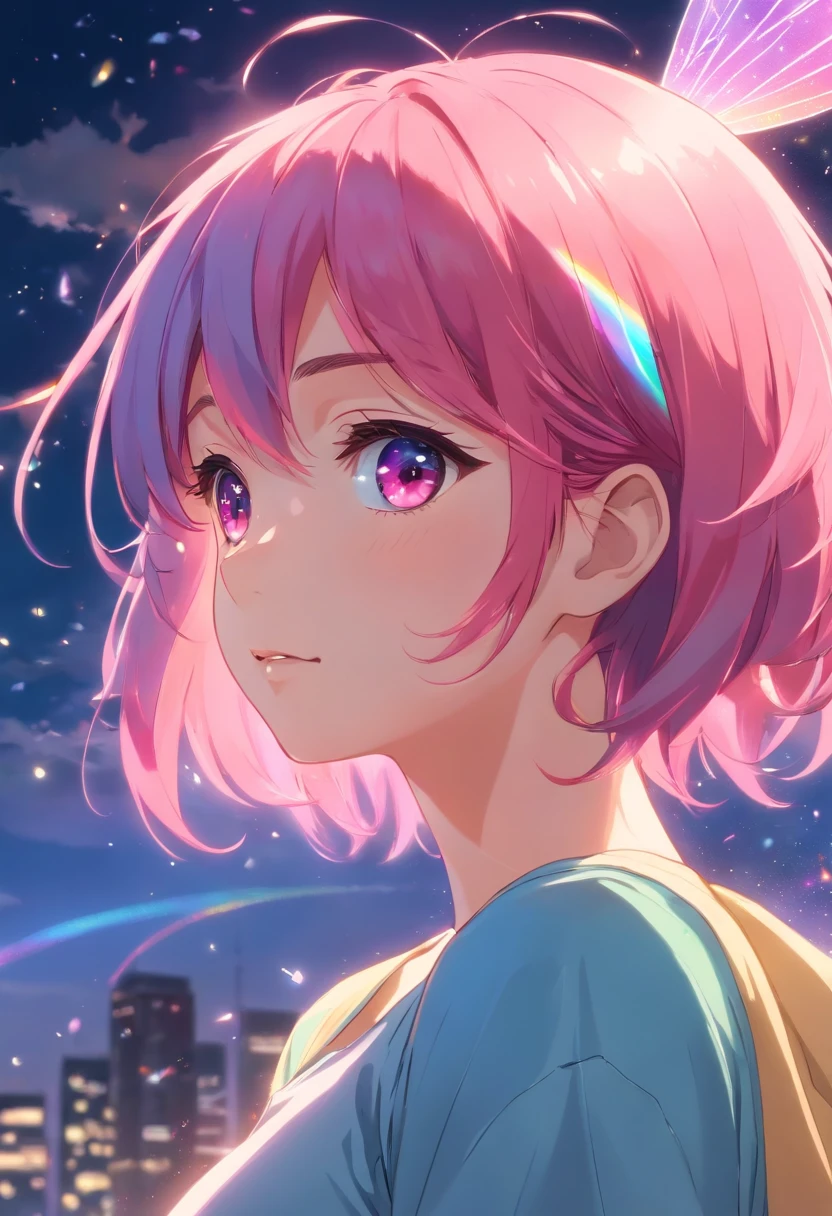 With pink hair and rainbow eyes,beautiful as a fairy,A melancholy expression that stirs affection,side face,floating hair,light particles,glare,vivid,fancy,dreamlike,a dim atomshpere,