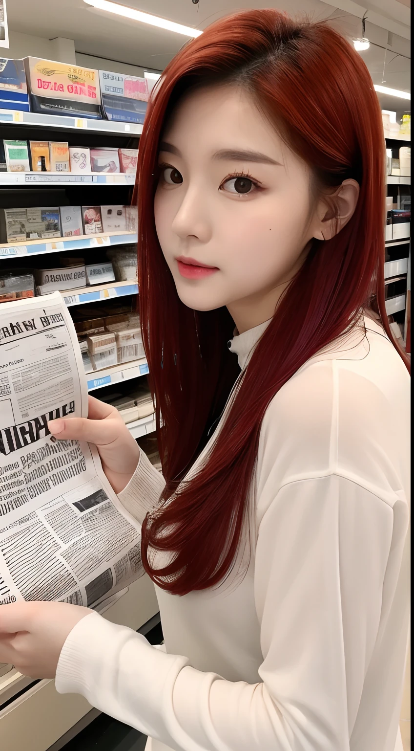 realistic photos of 1 cute Korean star, red hair pulled back, white skin, thin makeup, 32 inch breasts size, wearing long sleeves shirt, reading newspaper, in the store, upper body portrait, UHD