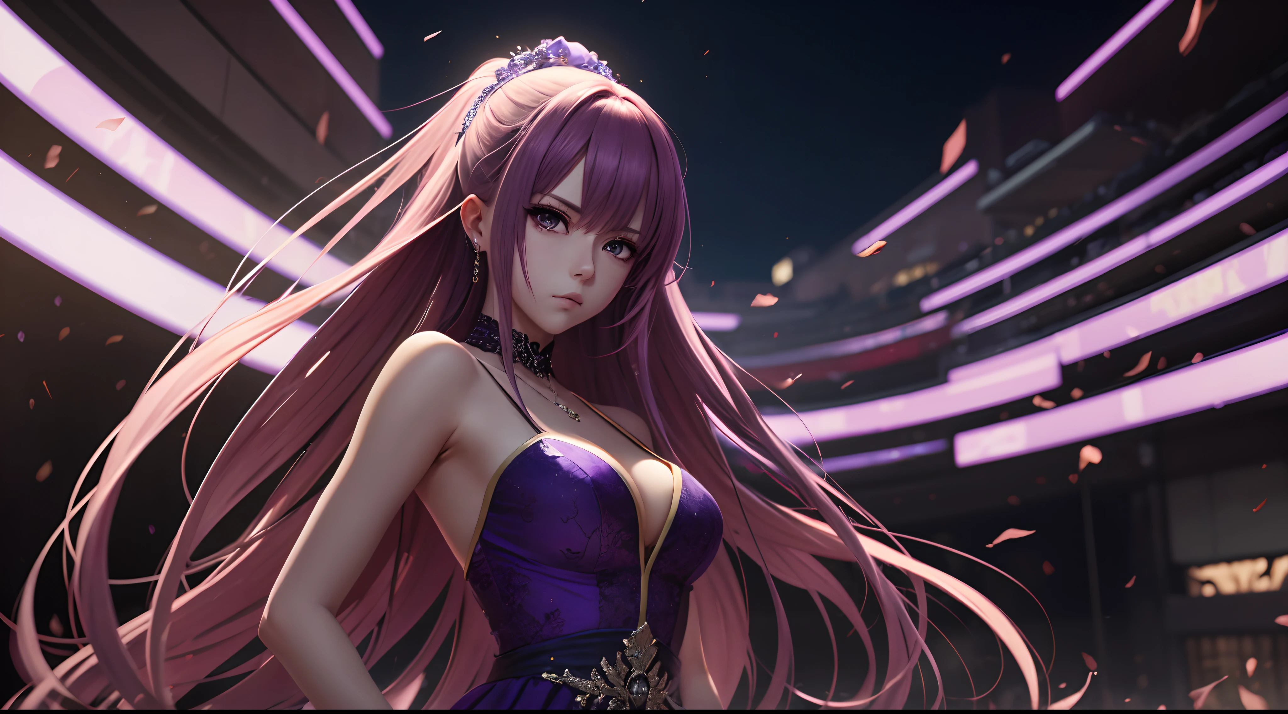An 8k digital anime masterpiece features an extremely detailed and mean woman in a surreal purple dress.