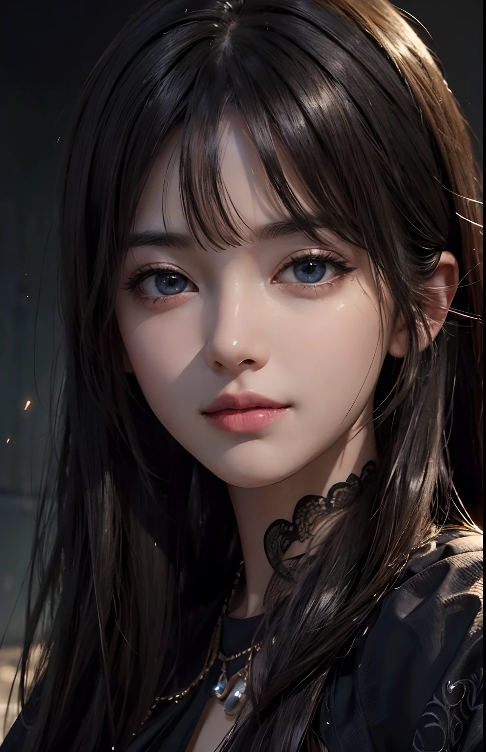 (Ultra Realistic), (Illustration), (Increased Resolution), (8K), (Extremely Detailed), (Best Illustration), (Beautiful and Detailed Eyes), (Best Quality), (Ultra Detailed), (Masterpiece ), ( wallpaper), (detailed face), solo, 1 girl, looking at viewer, fine details, detailed face, in the dark, deep shadows, low key, pureerosfaceace_v1, smiling, long hair, black shawl straight hair , 46 points oblique bangs