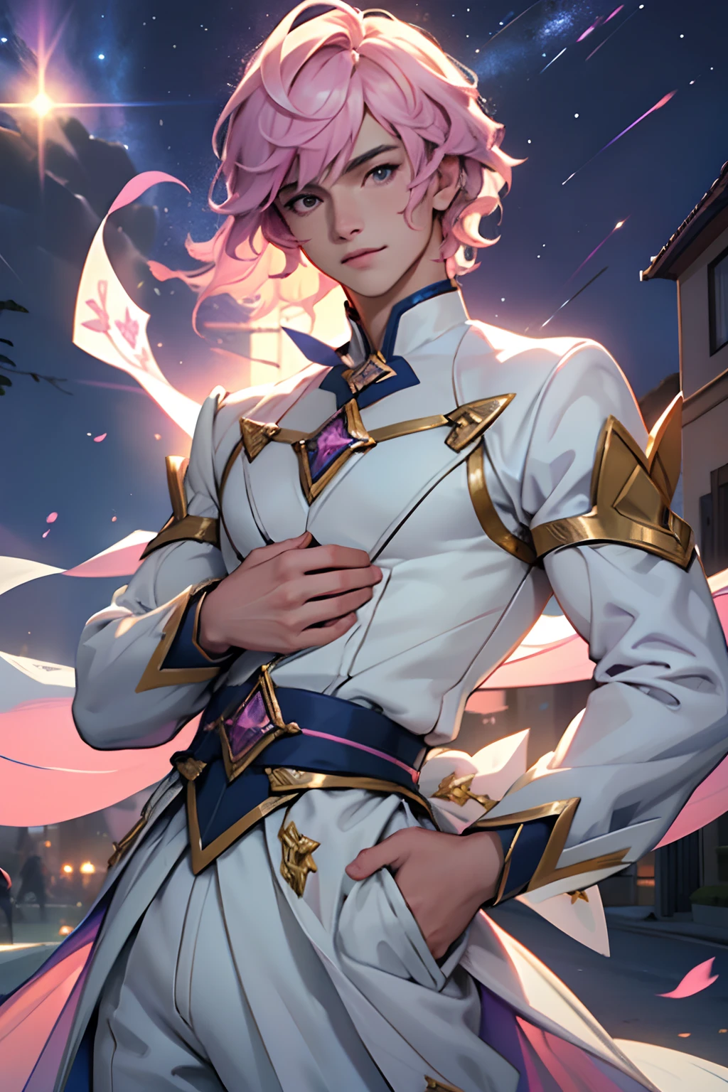 A young magical boy with short, curly hair, cabelos de cor roxa com mechas rosa pastel, Wearing a magical starkeeper style outfit with roses, White-themed clothes, roxa e dourada, em uma escola japonesa a noite, Lovely young man, Bonito, perfect hands, rosto detalhado, rosto perfeito, Hands Held, detailed hands, tedência artstation, corpo esguio, jovem Bonito com asas de cupido, rapaz, bishop-coded themed clothing