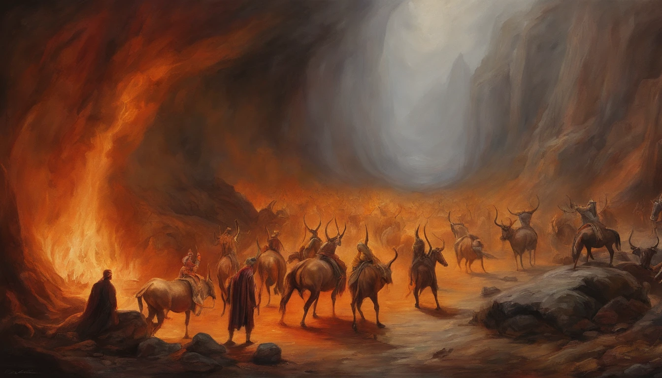 Realistic 8K oil painting of people suffering in the wells of hell, In the middle of the image Elon Musk with horns on his head, Obra de arte inspirada no Inferno de Dante