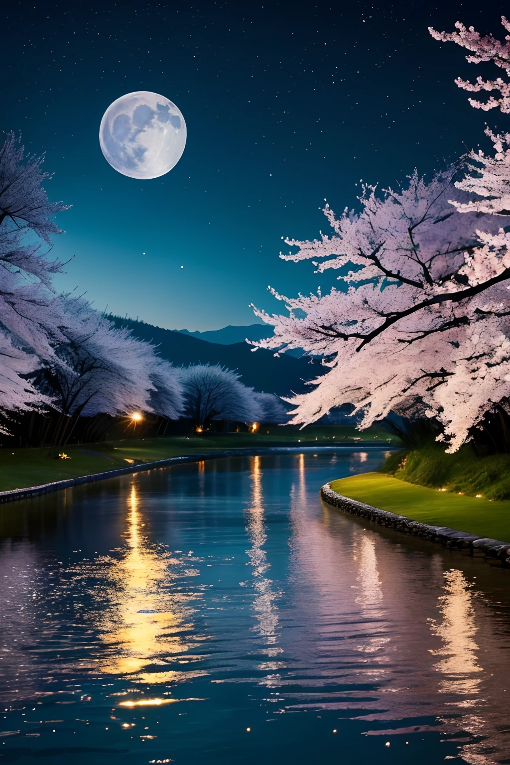 Masterpiece, Best quality, The moon hangs high，A silver platter of brilliance spreads over the tranquil river，Form a bright crescent。On the river，Sparkling，It seems that every ripple is beating the melody of spring。Both sides of the strait，The pink peach blossoms compete with the white cherry blossoms，It's like nature's blu adds a bit of shyness to this spring evening。Occasionally，The petals fall in the wind，Gently sprinkle on the surface of the river，Embrace with moonlight。Distance，A flat boat ripples in the river，The fishermen on the boat played their flutes，Melodious melodies dance with the spring breeze。In this harmonious picture，Ancient charm is intertwined with modern touch，It seems that everything speaks of a love for life and nature