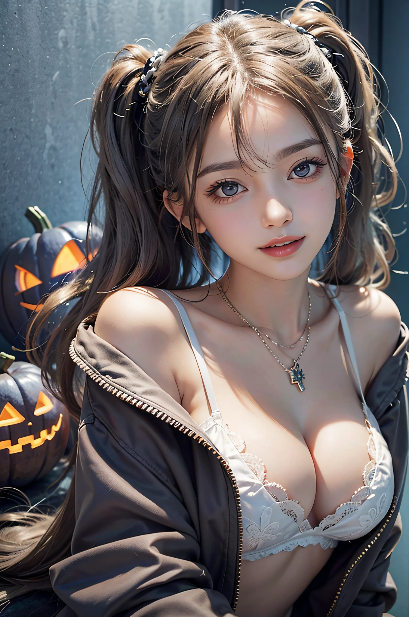 (surrealistic), (illustratio), (hight resolution), (8k picture), (ighly detailed), (The best illustrations), (beatiful detailed eyes), (top-quality), (ultra-detailliert), (masterpiece), (wall-paper), (详细的脸), 独奏, 1girl in,whiteshirt、wavy silver hair、poneyTail,Big smile、Take off your jacket、Black underwear、bangss、Colossal tits、Constriction of the lower back、skinny thigh、small ass、Beautiful bangs、Hotel room、lying on the bed、indirect lighting、Look at your audience、a necklace、耳Nipple Ring、Halloween、Pumpkin Ghost、lanthanum、