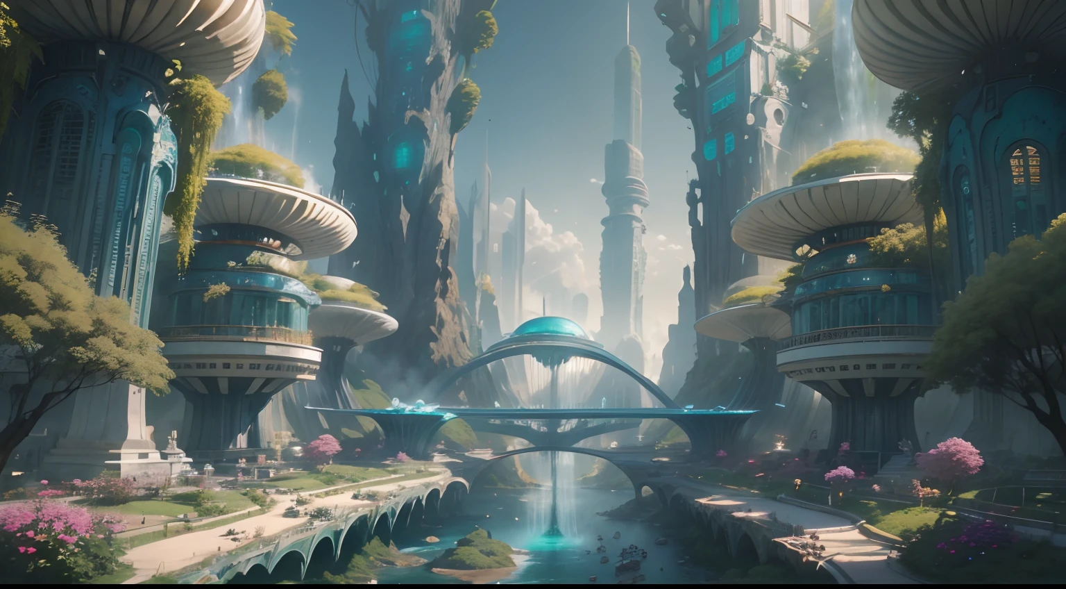 tmasterpiece,16k,UHD resolution,Detailed depiction,photorealestic,realisticlying,Very realistic,Foto realism, The ultra-detailliert,The future city,clean energy,Green environmental protection,mont,Eau,waterfallr,florals,Beautiful surroundings,Oriental ancient architecture and future technology integration, in fantasy sci - fi city, Beautiful futuristic city, Utopian cities of the future, Conceptual image 16K resolution, concept art 8k resolution,Conceptual diagram 16K, sci-fi hollywood concept art