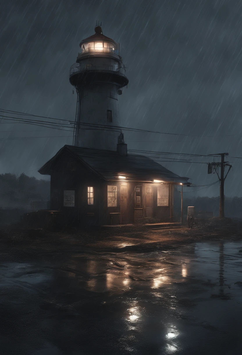 Gloomy night,Heavy downpours poured down,The protagonist discovers an isolated gas station,A lighthouse-like shimmer illuminates the surroundings。Completely realistic, Full high resolution, Well made,detail-rich