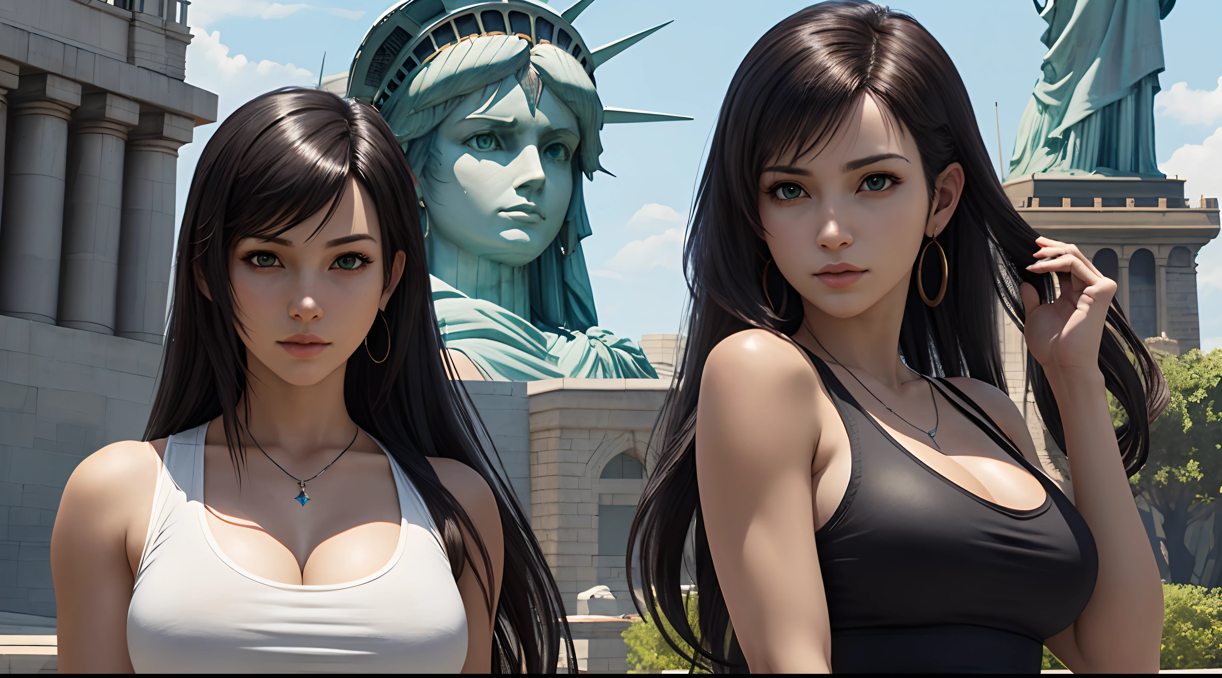 (Final Fantasy 7, Tifa), brown skin, white tank top, (black hair long hair), young, cute, beautiful girl, perfect style, big, emphasizing cleavage, expressionless, realistic, realistic, 8k, very detailed, highest quality, best quality, super high definition, masterpiece, one girl, (background is the American Statue of Liberty),
