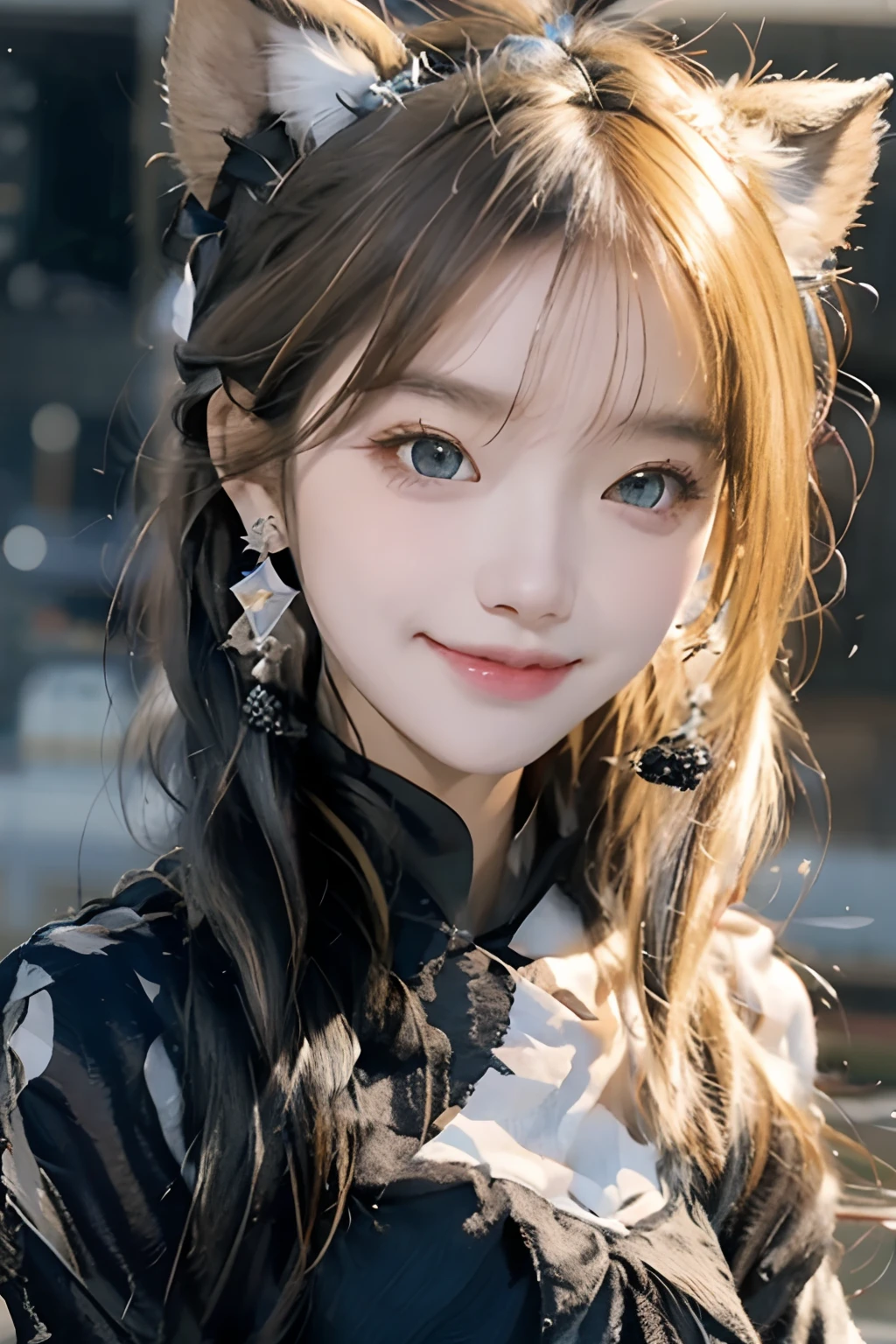 Black hair, hair bobbles, wince, long eyelasher, solid circle eyes, Fake animal ears, Light smile, Ear blush, Fang, Blonde hair, Long hair, ribbon, kanzashi, long eyelasher, aqua eyes, Earrings, Tongue stock, surrealism, shadowing, anaglyph, stereograms, tachi-e, angle of view, Atmospheric perspective, bust chart, first person perspective, Eye level shots, Verism, 8K, Super detail, ccurate, Best quality, hyper HD, Best quality