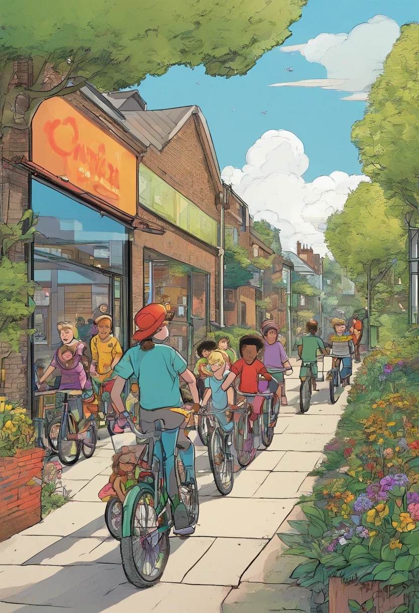 british comic, a group of children leave home in ethelburga estate, battersea, london. They pick up their bikes from the estate bike store which is covered in solar panels and surrounded by trees. They cycle down a safe child friendly bike lane through the estate. They arrive at the local primary school which is beautifully designed and sustainable