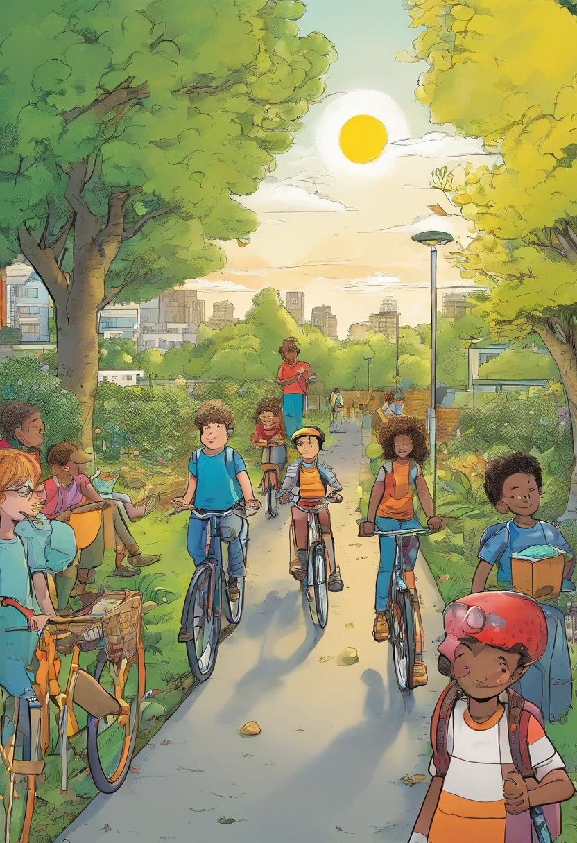british comic, a group of children leave home in ethelburga estate, battersea, london. They pick up their bikes from the estate bike store which is covered in solar panels and surrounded by trees. They cycle down a safe child friendly bike lane through the estate. They arrive at the local primary school which is beautifully designed and sustainable