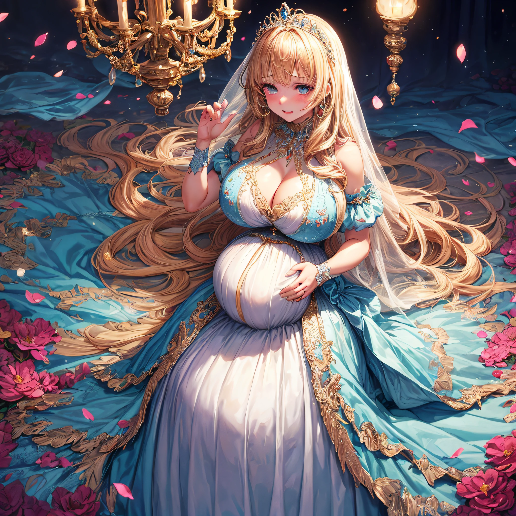 (masterpiece, best quality,extremely detailed:1.1),(moe anime art style:1.2),1girl,((full body,focus face)),((solo)), cute, kawaii,digital art,((1 bling-bling pregnant princess wearing beautiful embroidery and jeweled gorgeous ballgown with jeweled voluminous full length hoop skirt)),(((heavily pregnant))),very big pregnant belly,((crinoline)),long train,voluminous frills,See-through,(gorgeous embroidery and beautiful lace),((very gigantic boobs,skindentation)),cleavage,shiny hair,(((very long hair))),((embarrassed)),anguish,((finely detailed face and eyes)),clear pupil,extremely gorgeousfull hair ornament,(bling-bling jeweled extremely gorgeousfull tiara),(bling-bling gorgeous gemstone jewelry),long veil,beautiful background,fantasy background,flowers,flower petals flowing,full body,((beautiful embroidery and jeweled ruffled gorgeous ballgown with voluminous full length hoop skirt))