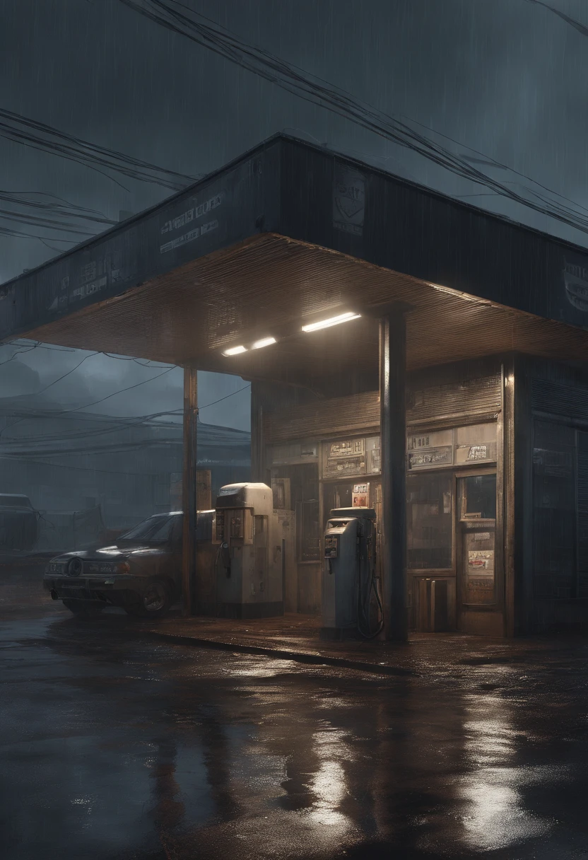 Gloomy night,Heavy downpours poured down,The protagonist discovers an isolated gas station,The low light illuminates the surroundings。Completely realistic, Full high resolution, Well made,detail-rich
