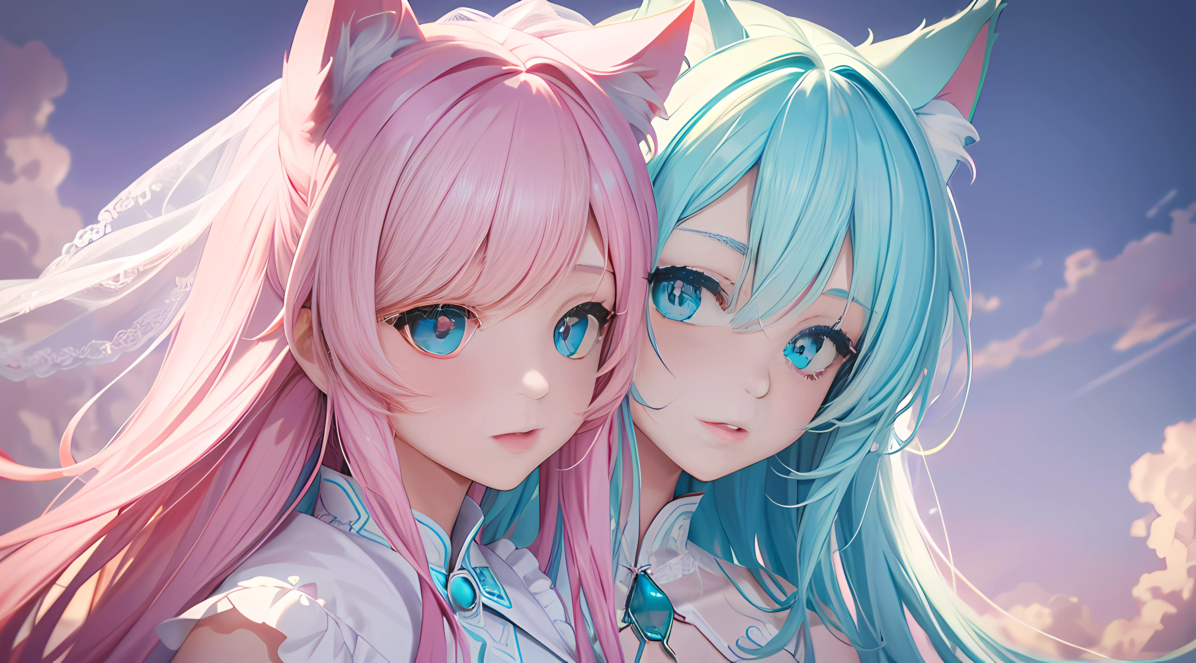 ​​clouds, Highly detailed face, Turquoise pupils, Highly detailed eyes，4K, 1 girl, full bodyesbian, (white wedding gown), Long pink hair, cat ear，Lilac light gauze shawl，