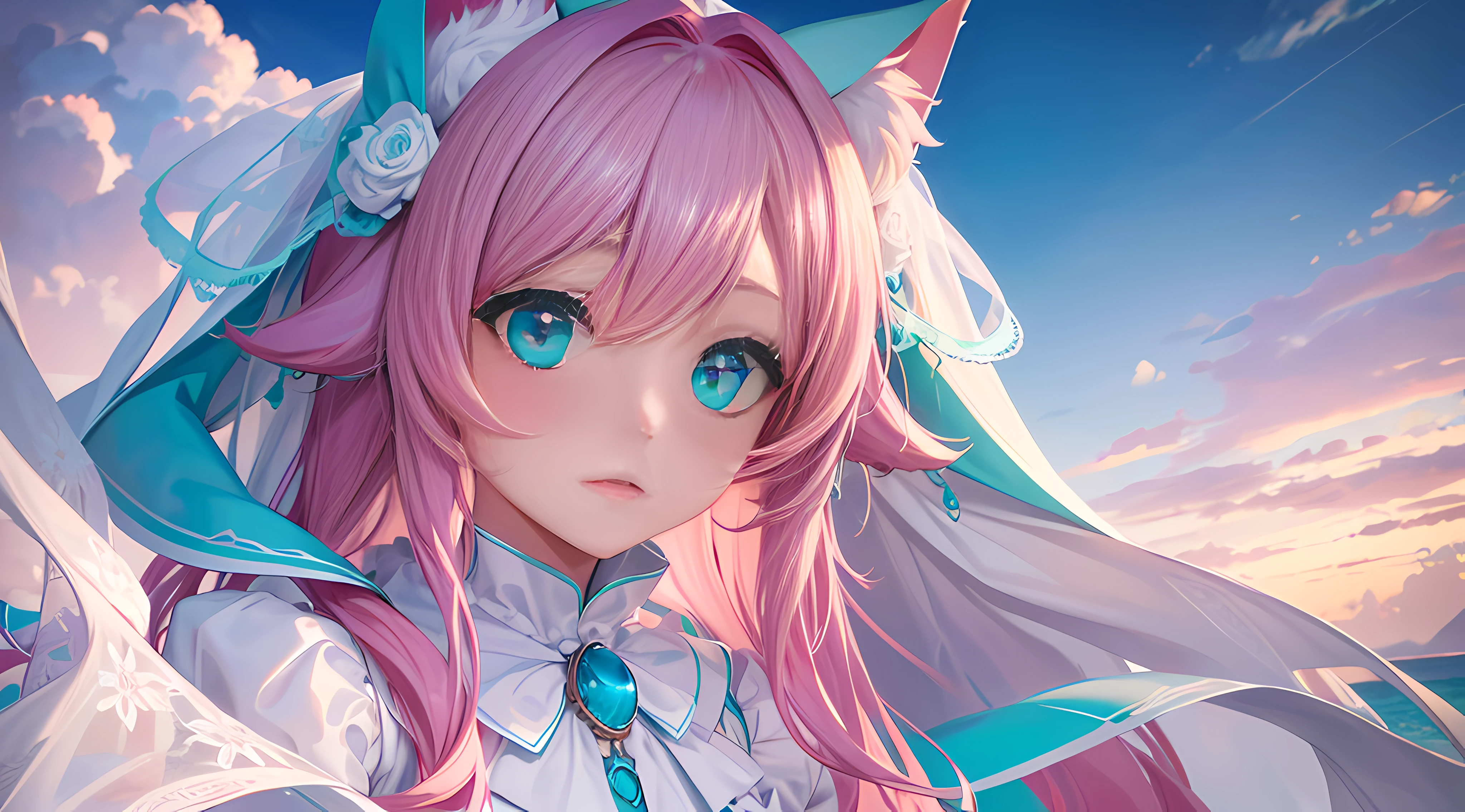 ​​clouds, Highly detailed face, Turquoise pupils, Highly detailed eyes，4K, 1 girl, full bodyesbian, (white wedding gown), Long pink hair, cat ear，Lilac light gauze shawl，