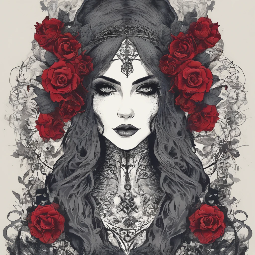 corpo inteiro, fearsome and formidable, Young Wild Gothic Girl Empowered. Anthropomorphic, Beatiful Horror - Looking Fully Tattooed Gothic Girl Holding Gothic Flower