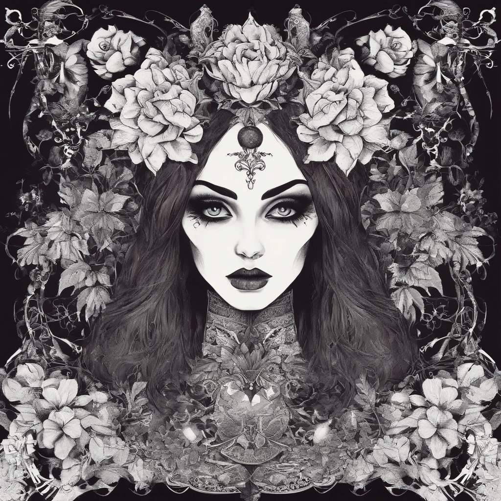 corpo inteiro, fearsome and formidable, Young Wild Gothic Girl Empowered. Anthropomorphic, Beatiful Horror - Looking Fully Tattooed Gothic Girl Holding Gothic Flower