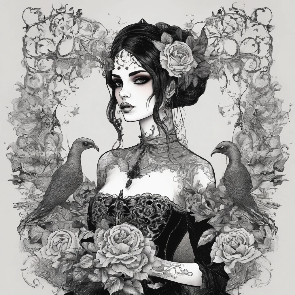 corpo inteiro, fearsome and formidable, Young Wild Gothic Girl Empowered. Anthropomorphic, Beatiful Horror - Looking Fully Tattooed Gothic Girl Holding Gothic Flower