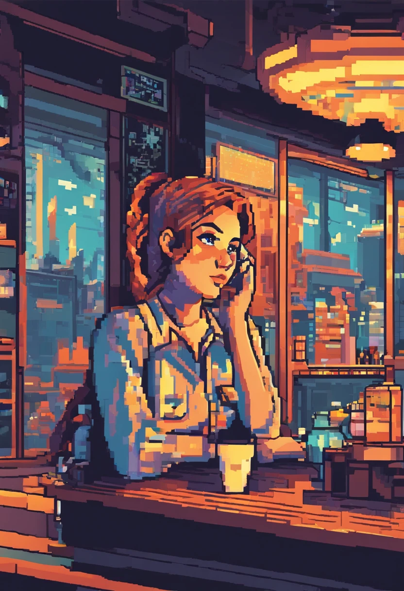 Future,SCI fi,Retro clasic,girl Sitting in a cafe and drinking coffee,4k wallpaper,