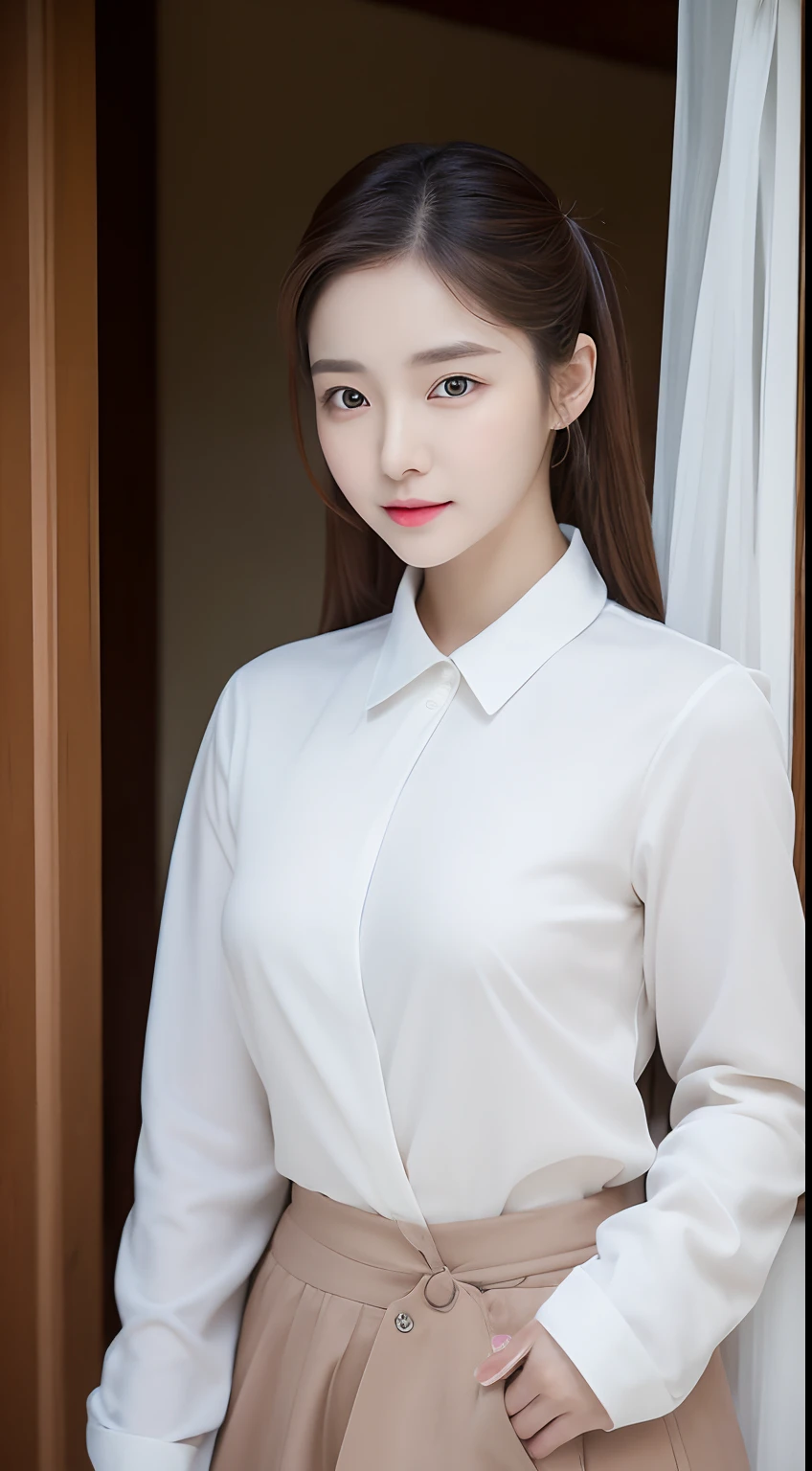 realistic photos of 1 cute Korean star, hair pulled back, white skin, thin makeup, 32 inch breasts size, wearing long sleeves shirt, upper body portrait, at the village's entrance, UHD