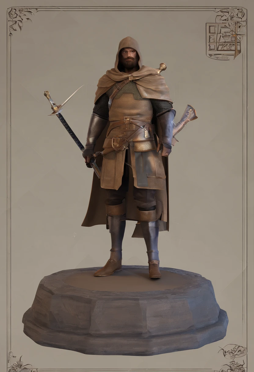 Busto de homem，usando roupa de assasinoo medieval,assasino medieval,segurando um arco curvo,arco e flecha,arqueiro medieval,feito de resina,modelagem 3d,homem jovem,aljava com flechas nas costa