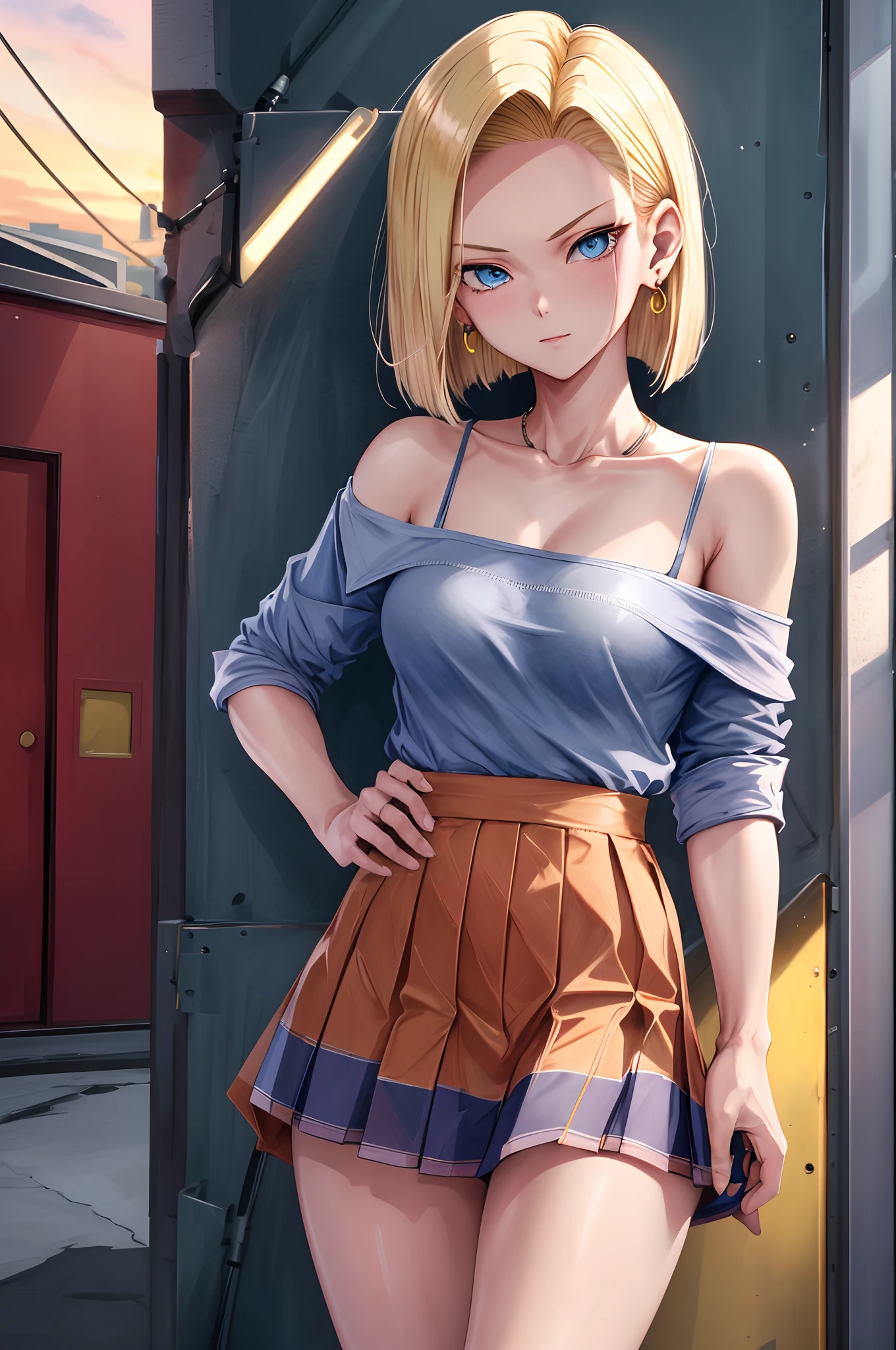 best quality, highres, and18, 1girl, android 18, solo, blonde hair, blue eyes, short hair, earrings, jewelry, medium breasts, cowboy shot, street, (school uniform:1.2), off-the-shoulder, sunset,