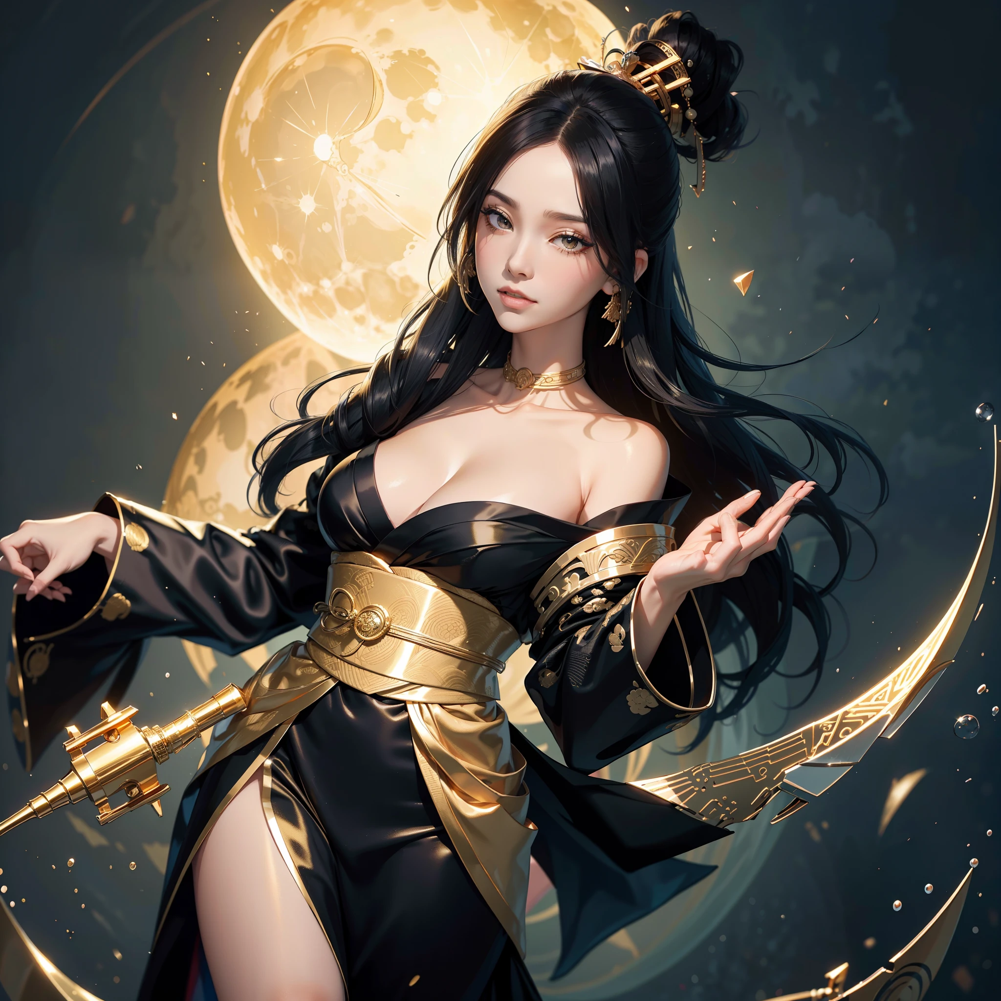 watching at viewers、Background with(ancient city:1.2)(a moon:1)、poneyTail、Woman with shiny black hair、{{{Luxury kimono(Black kimono(Detailed golden embroidery,))}}}、face perfect,Depict a beautiful and graceful woman of Japan。Heart in the eye。full body Esbian。 Wallpaper 8K, .Blur the background with a sickle,((masutepiece)), ((Best Quality))