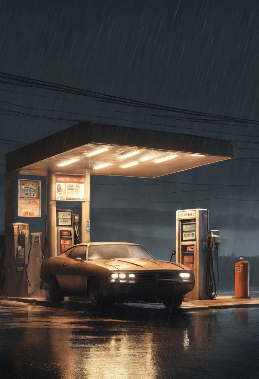 Gloomy night,Heavy downpours poured down,The protagonist discovers an isolated gas station,A weak light illuminates the surroundings。The protagonist drives into the gas station,Parking in an empty parking lot。Completely realistic, Full high resolution, Well made,detail-rich