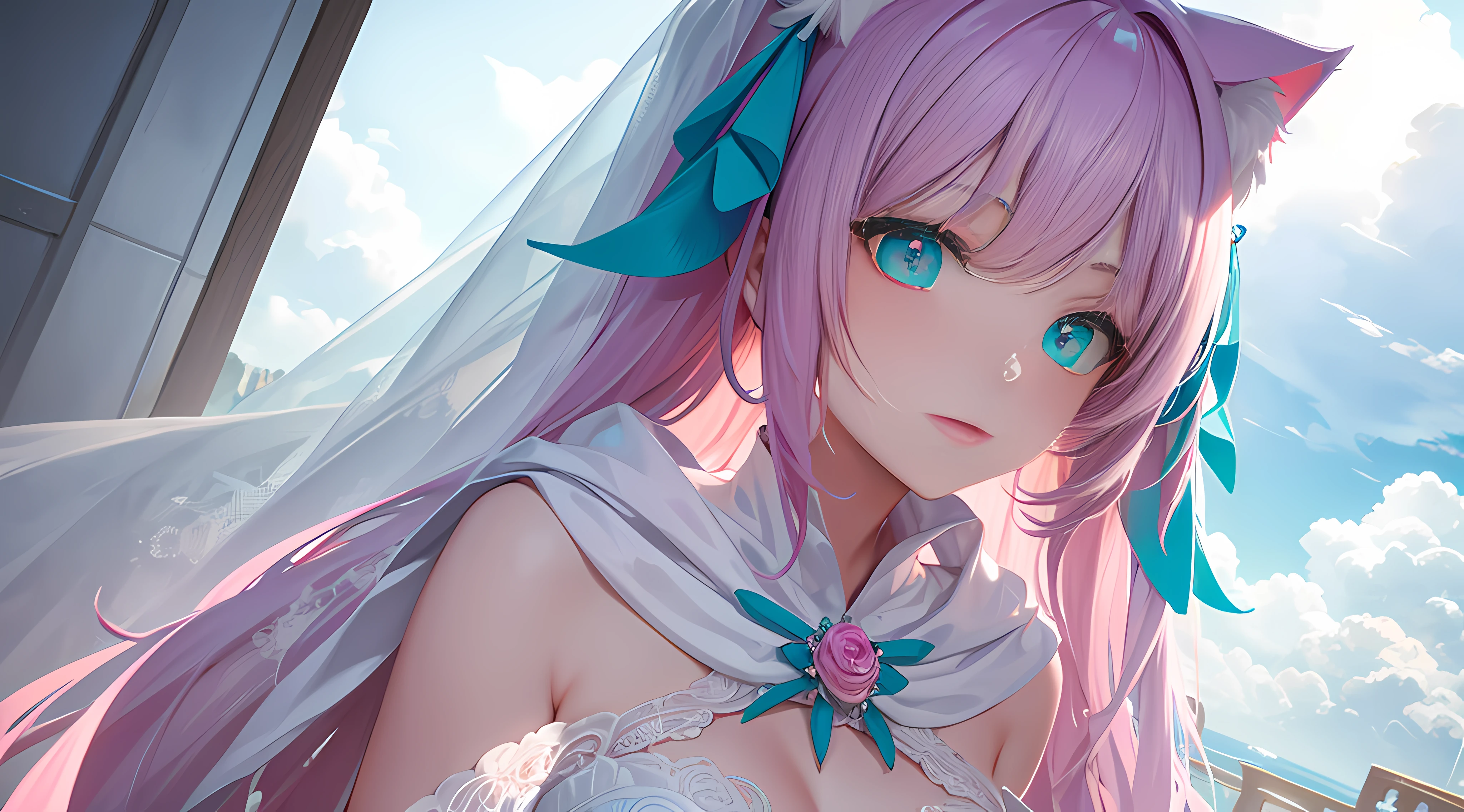 ​​clouds, Dynamic lighting, voluminetric lighting, Highly detailed face, Turquoise pupils, Highly detailed eyes，4K, Award-winning, 1 girl, full bodyesbian, (white wedding gown), Long pink hair, cat ear，Lilac light gauze shawl，waiting to start