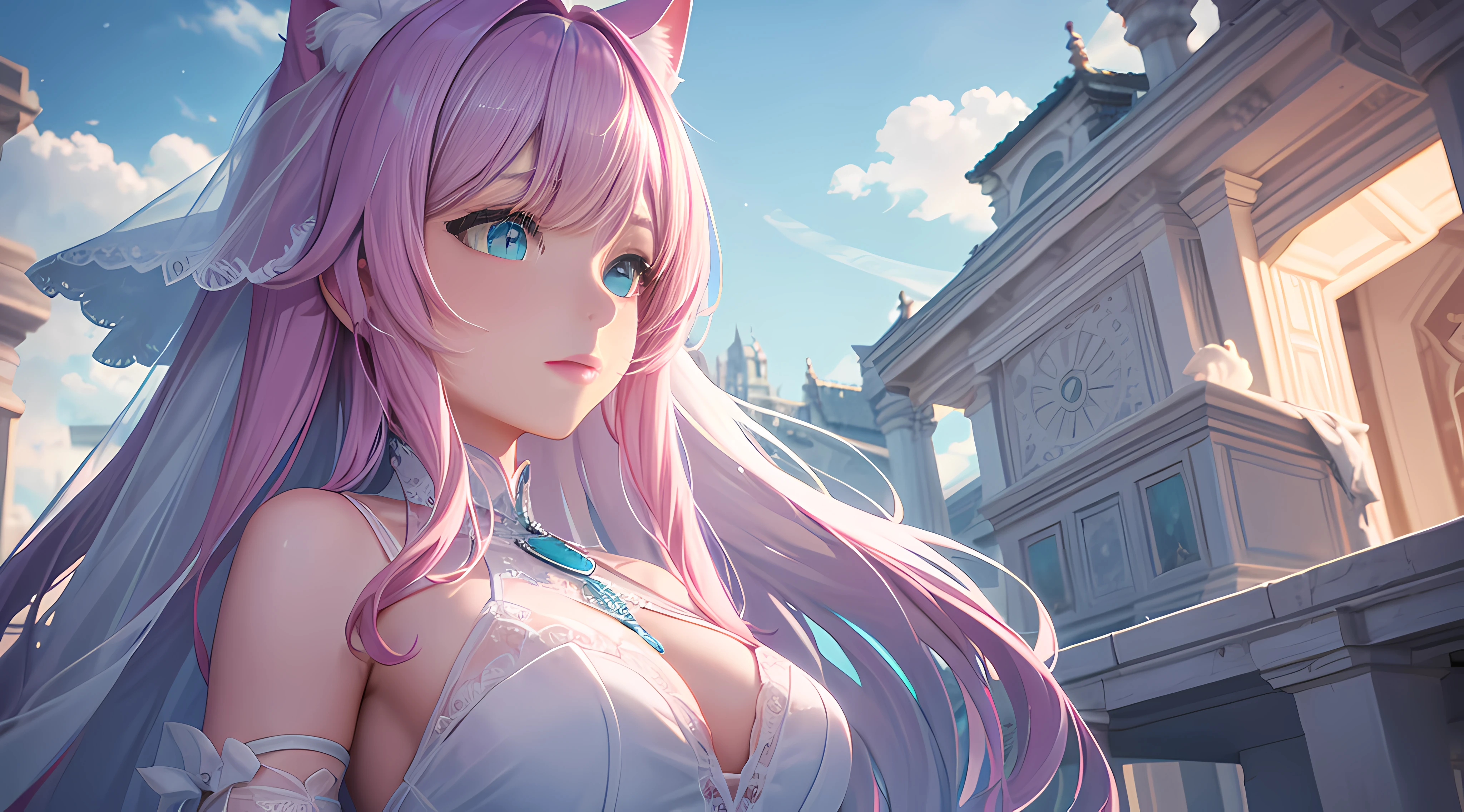 ​​clouds, Dynamic lighting, voluminetric lighting, Highly detailed face, Turquoise pupils, Highly detailed eyes，4K, Award-winning, 1 girl, full bodyesbian, (white wedding gown), Long pink hair, cat ear，Lilac light gauze shawl，waiting to start